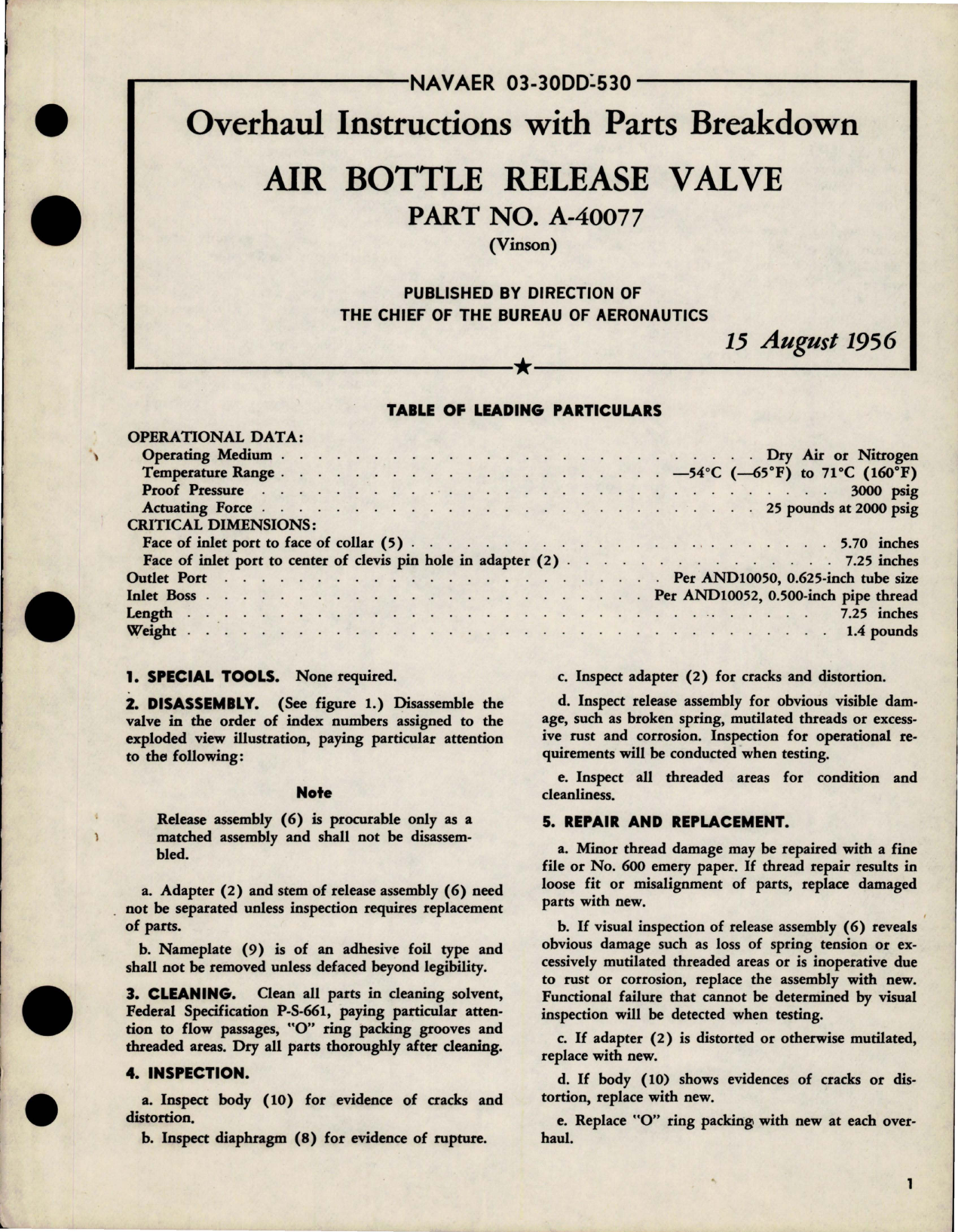 Sample page 1 from AirCorps Library document: Overhaul Instructions with Parts for Air Bottle Release Valve - Part A-40077