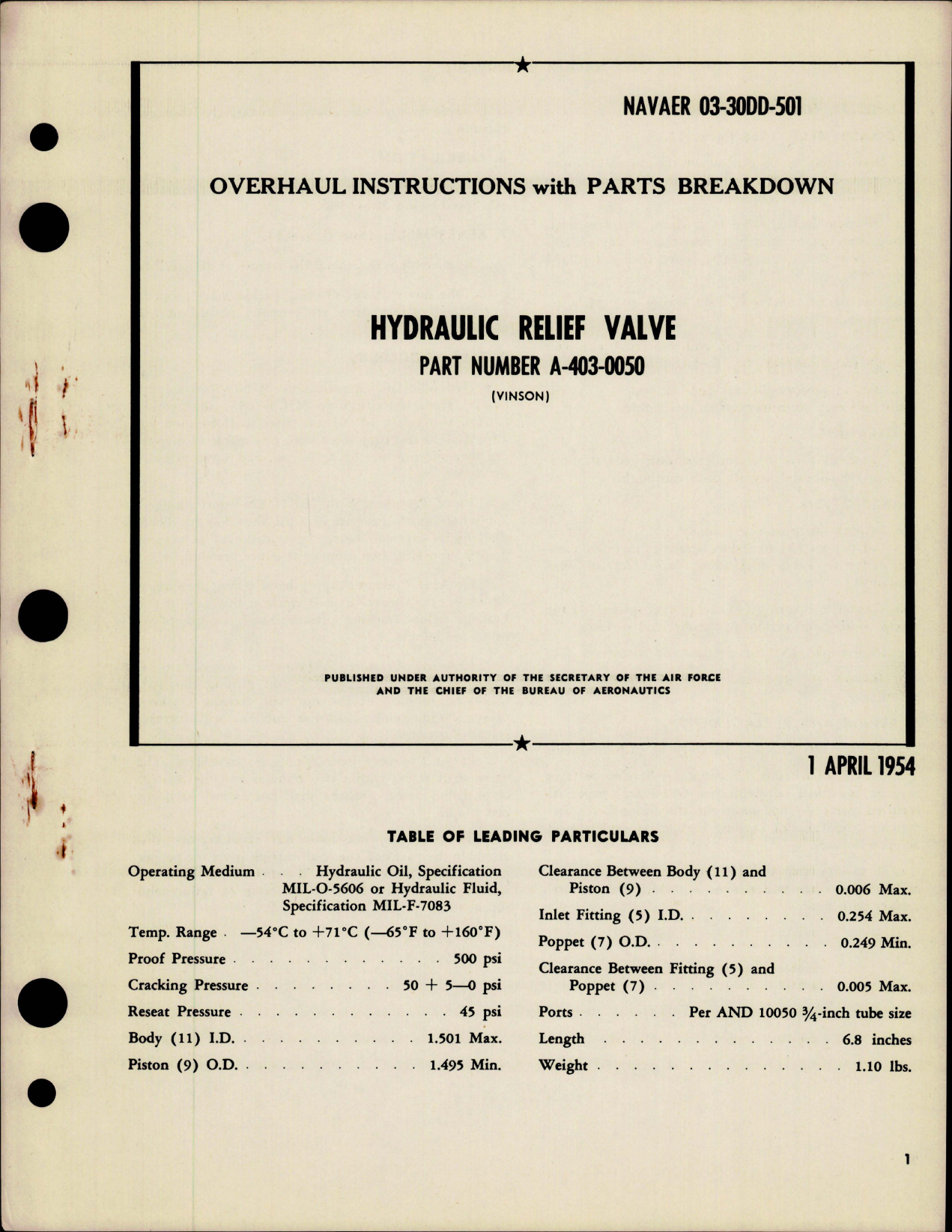 Sample page 1 from AirCorps Library document: Overhaul Instructions with Parts Breakdown for Hydraulic Relief Valve - Part A-403-0050 