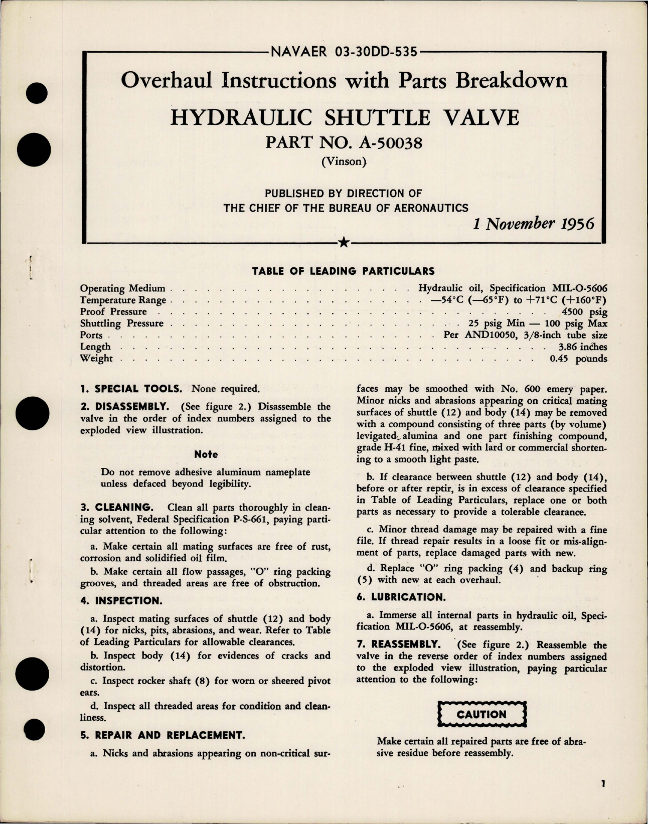 Sample page 1 from AirCorps Library document: Overhaul Instructions with Parts for Hydraulic Shuttle Valve - Part A-50038