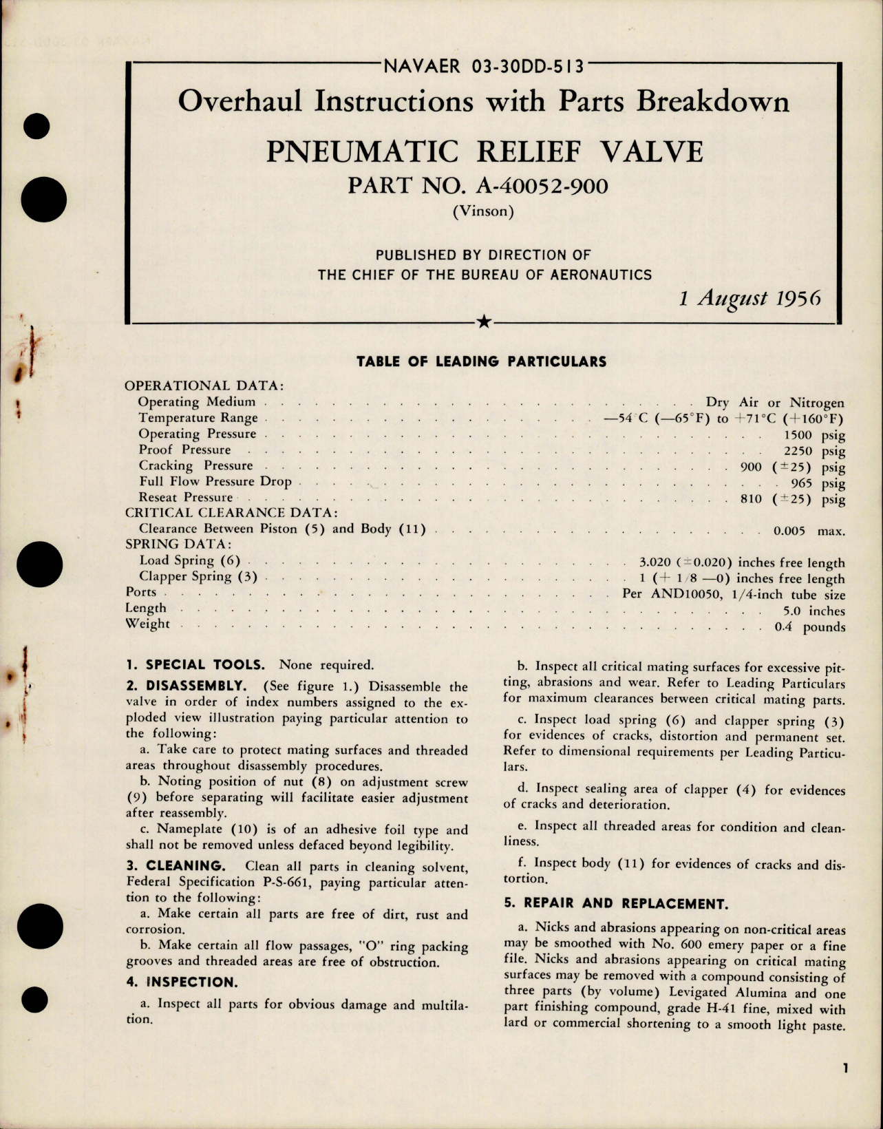 Sample page 1 from AirCorps Library document: Overhaul Instructions with Parts Breakdown for Pneumatic Relief Valve - Part A-40052-900