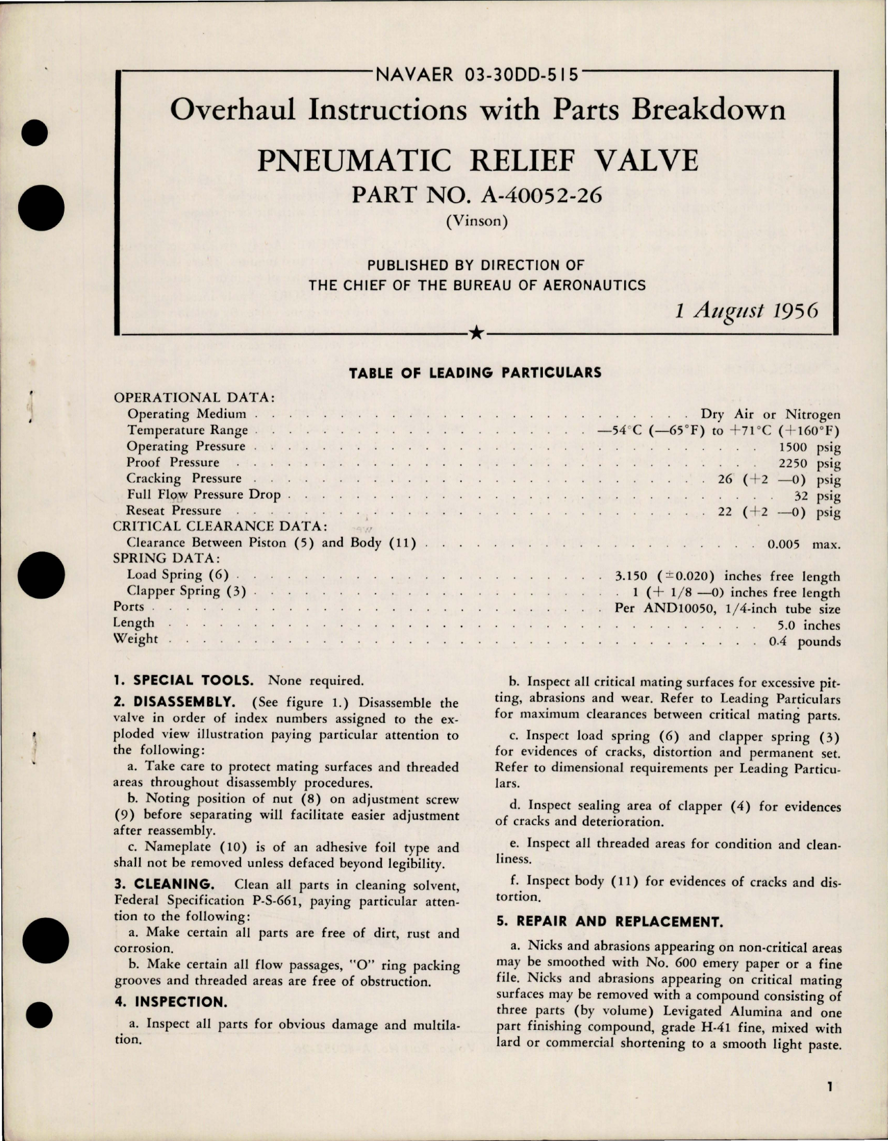 Sample page 1 from AirCorps Library document: Overhaul Instructions with Parts Breakdown for Pneumatic Relief Valve - Part A-40052-26 