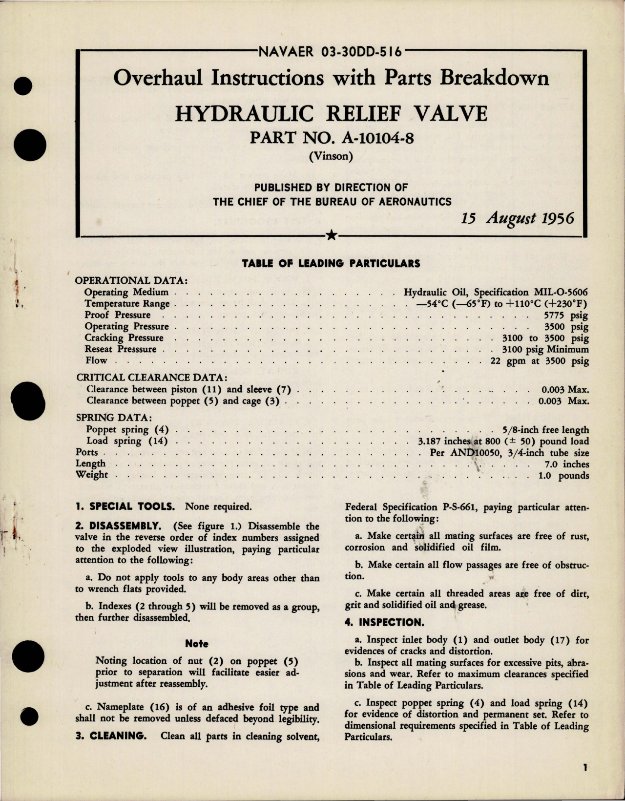 Sample page 1 from AirCorps Library document: Overhaul Instructions with Parts Breakdown for Hydraulic Relief Valve - Part A-10104-8 