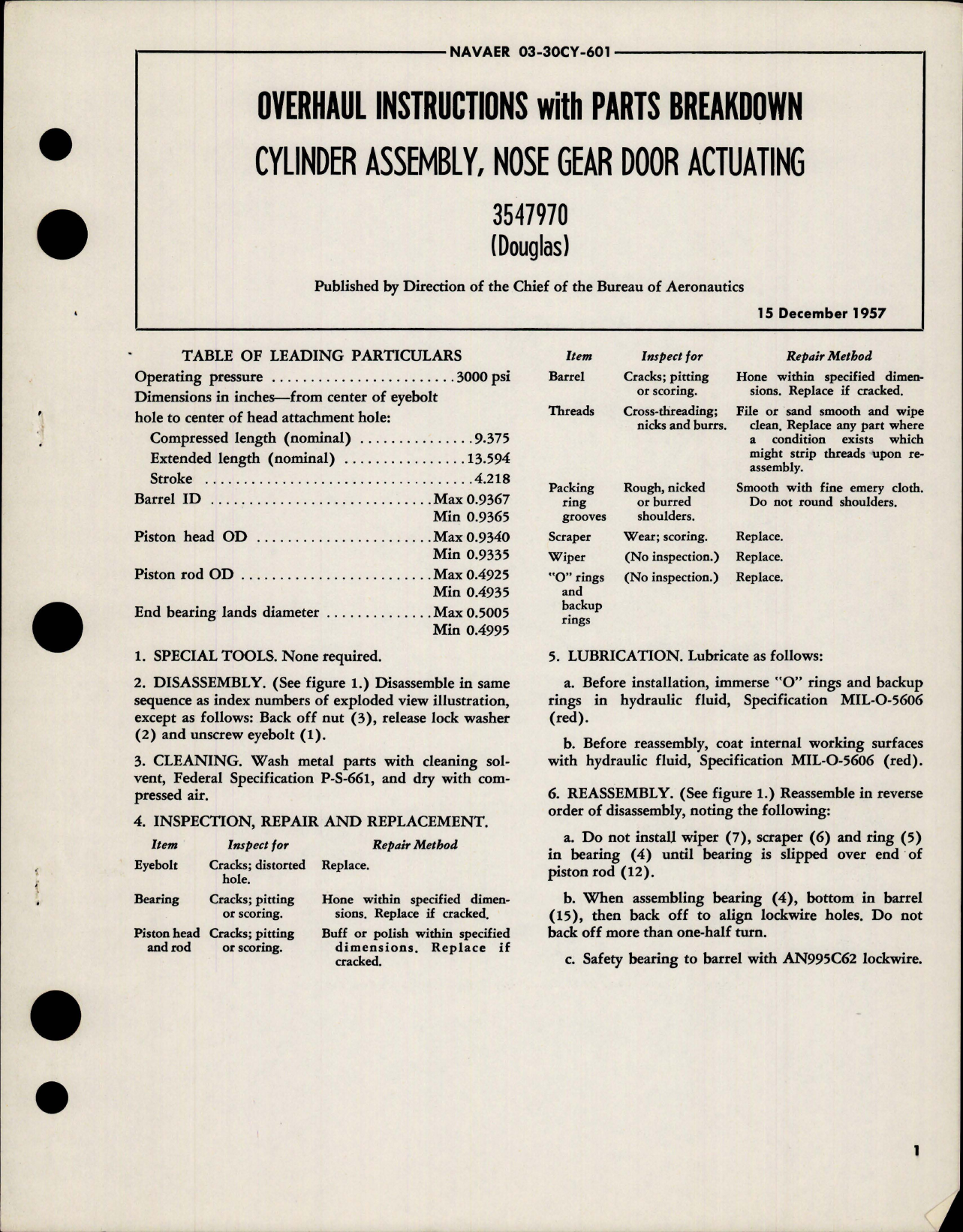 Sample page 1 from AirCorps Library document: Overhaul Instructions with Parts Breakdown for Nose Gear Door Actuating Cylinder Assembly - 3547970 