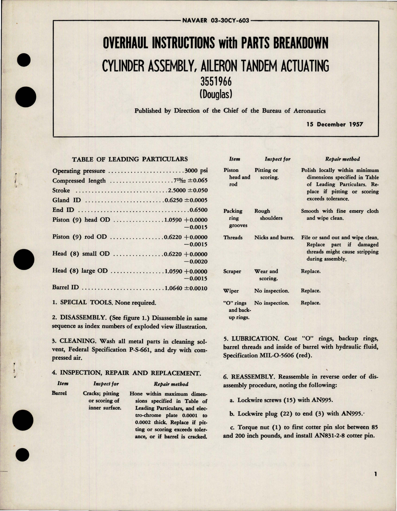 Sample page 1 from AirCorps Library document: Overhaul Instructions with Parts for Aileron Tandem Actuating Cylinder Assembly - 3551966 