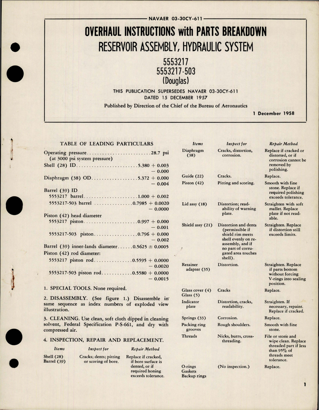 Sample page 1 from AirCorps Library document: Overhaul Instructions with Parts Breakdown for Hydraulic System Reservoir Assembly - 5553217 and 5553217-503