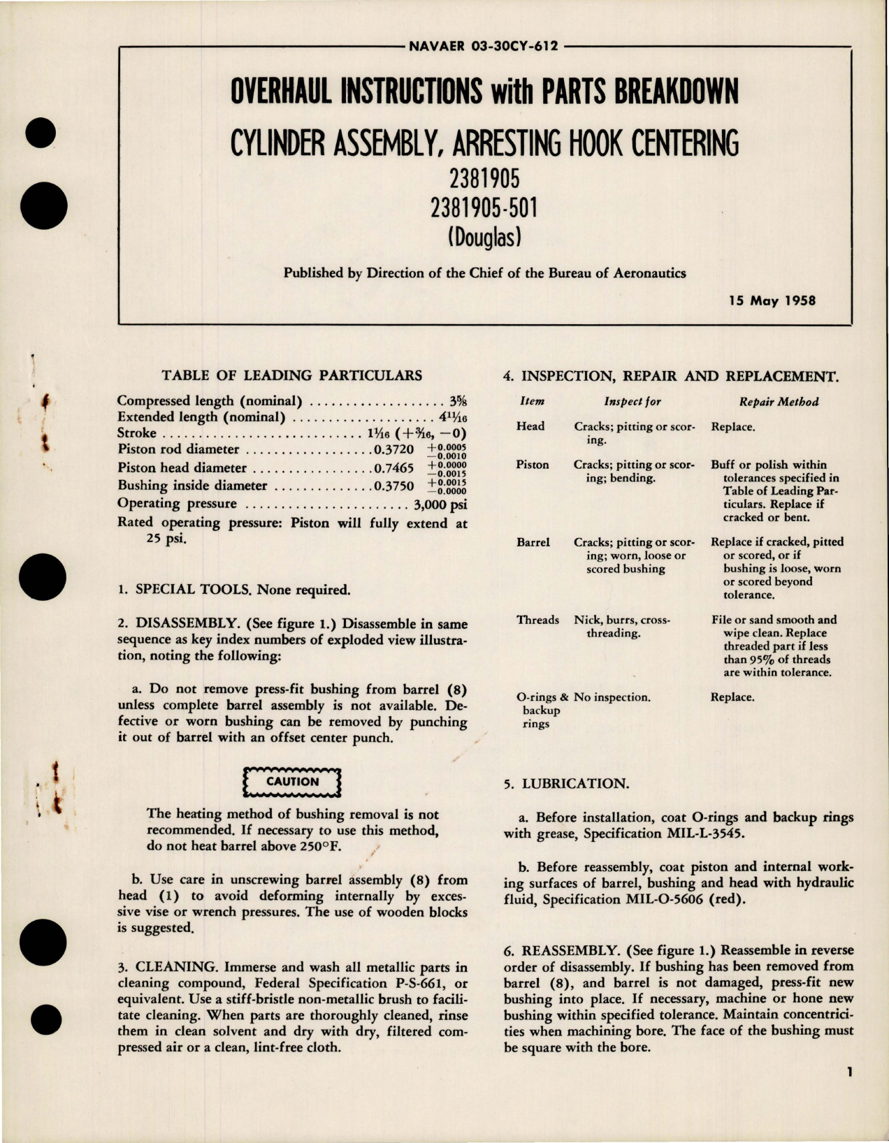 Sample page 1 from AirCorps Library document: Overhaul Instructions with Parts Breakdown for Arresting Hook Centering Cylinder Assembly - 2381905 and 2381905-501