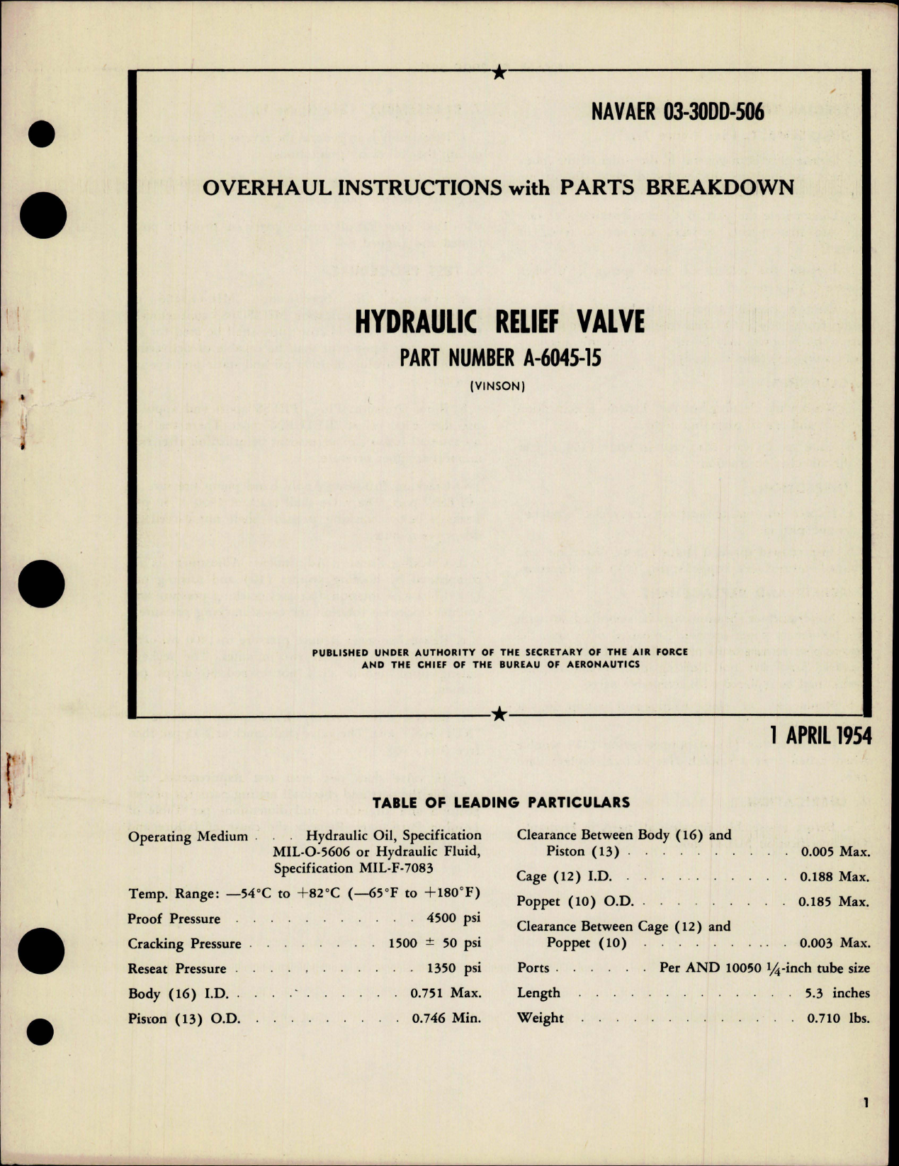 Sample page 1 from AirCorps Library document: Overhaul Instructions with Parts Breakdown for Hydraulic Relief Valve - Part A-6045-15 