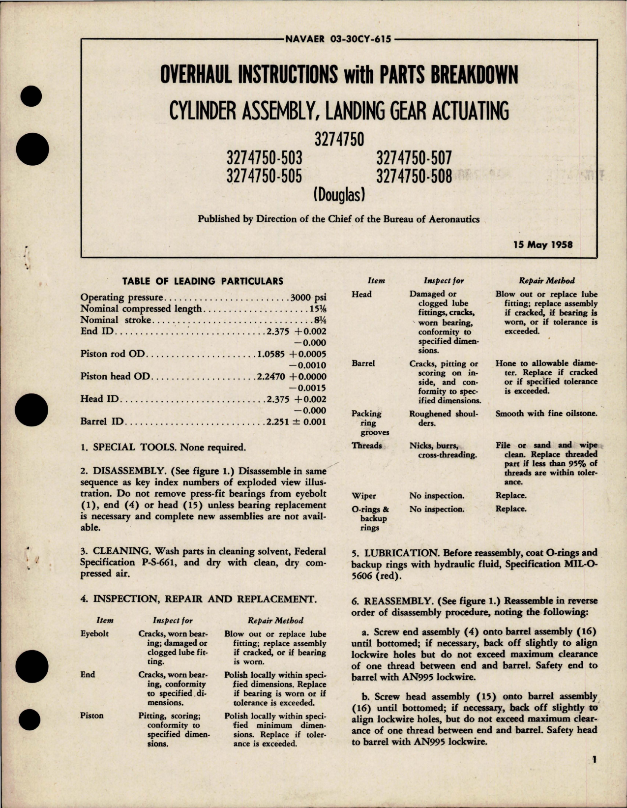 Sample page 1 from AirCorps Library document: Overhaul Instructions with Parts for Landing Gear Actuating Cylinder Assembly