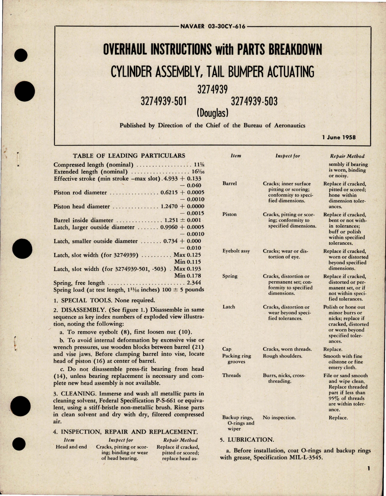 Sample page 1 from AirCorps Library document: Overhaul Instructions with Parts for Tail Bumper Actuating Cylinder Assembly - 3274939, 3274939-501, 3274939-503