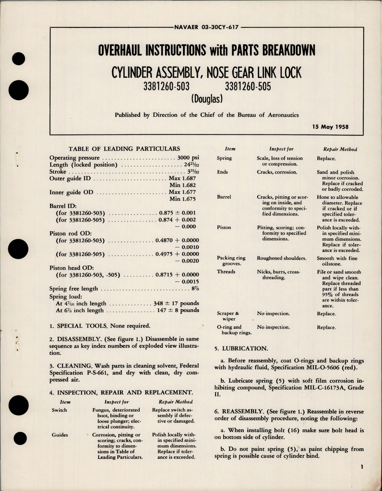 Sample page 1 from AirCorps Library document: Overhaul Instructions with Parts for Nose Gear Link Lock Cylinder Assembly - 3381260-503, 3381260-505