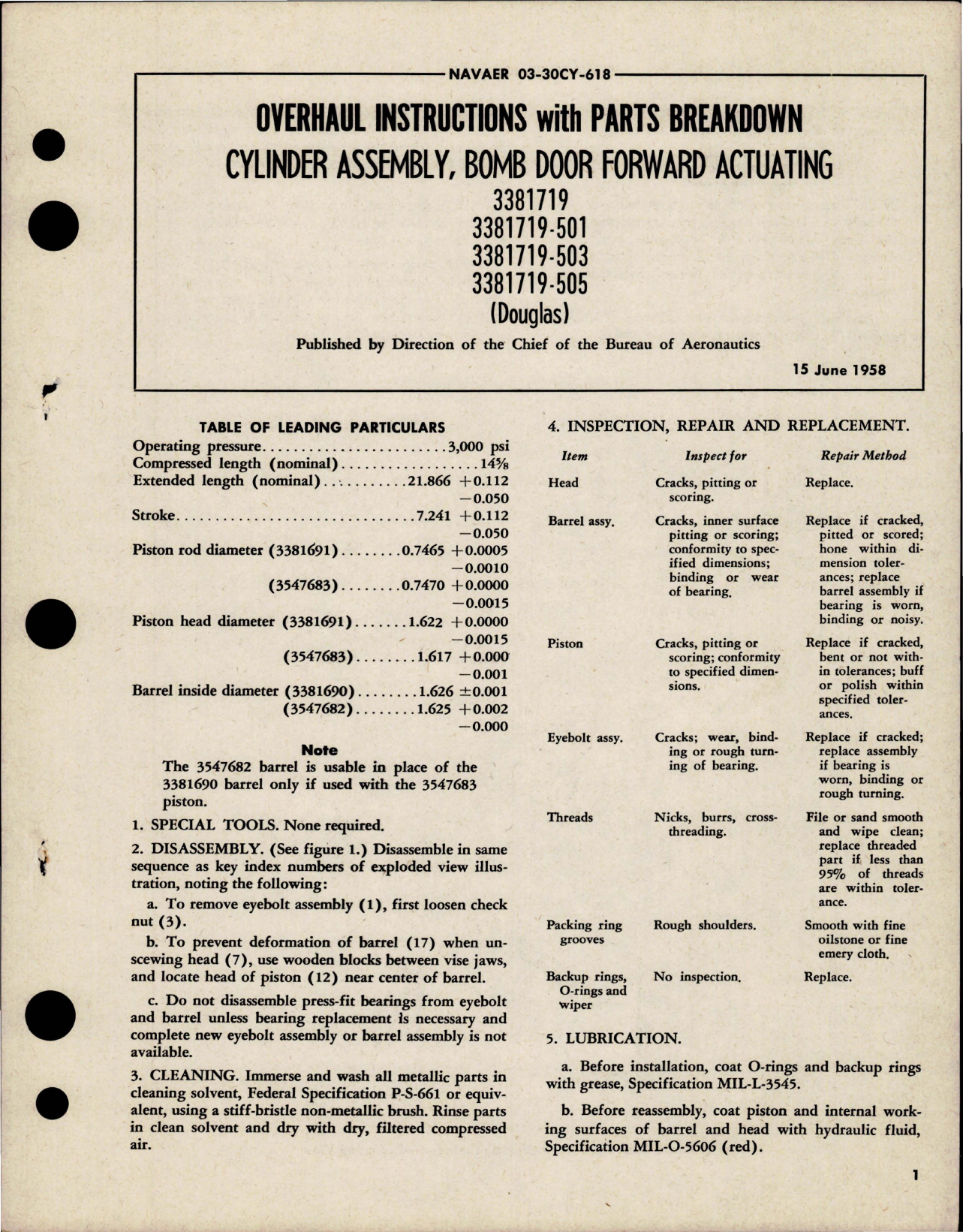 Sample page 1 from AirCorps Library document: Overhaul Instructions with Parts for Bomb Door Forward Actuating Cylinder Assembly