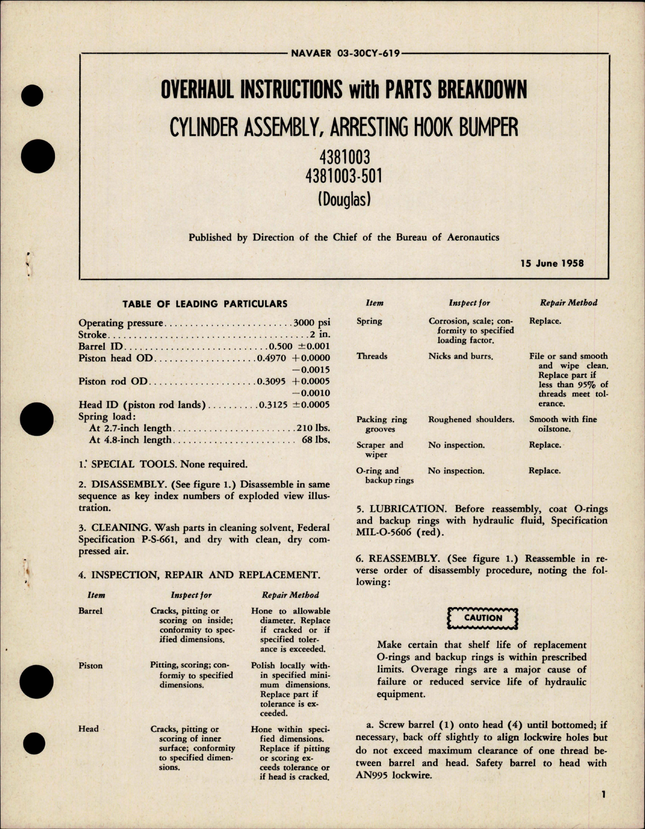 Sample page 1 from AirCorps Library document: Overhaul Instructions with Parts for Arresting Hook Bumper Cylinder Assembly - 4381003, 4381003-501