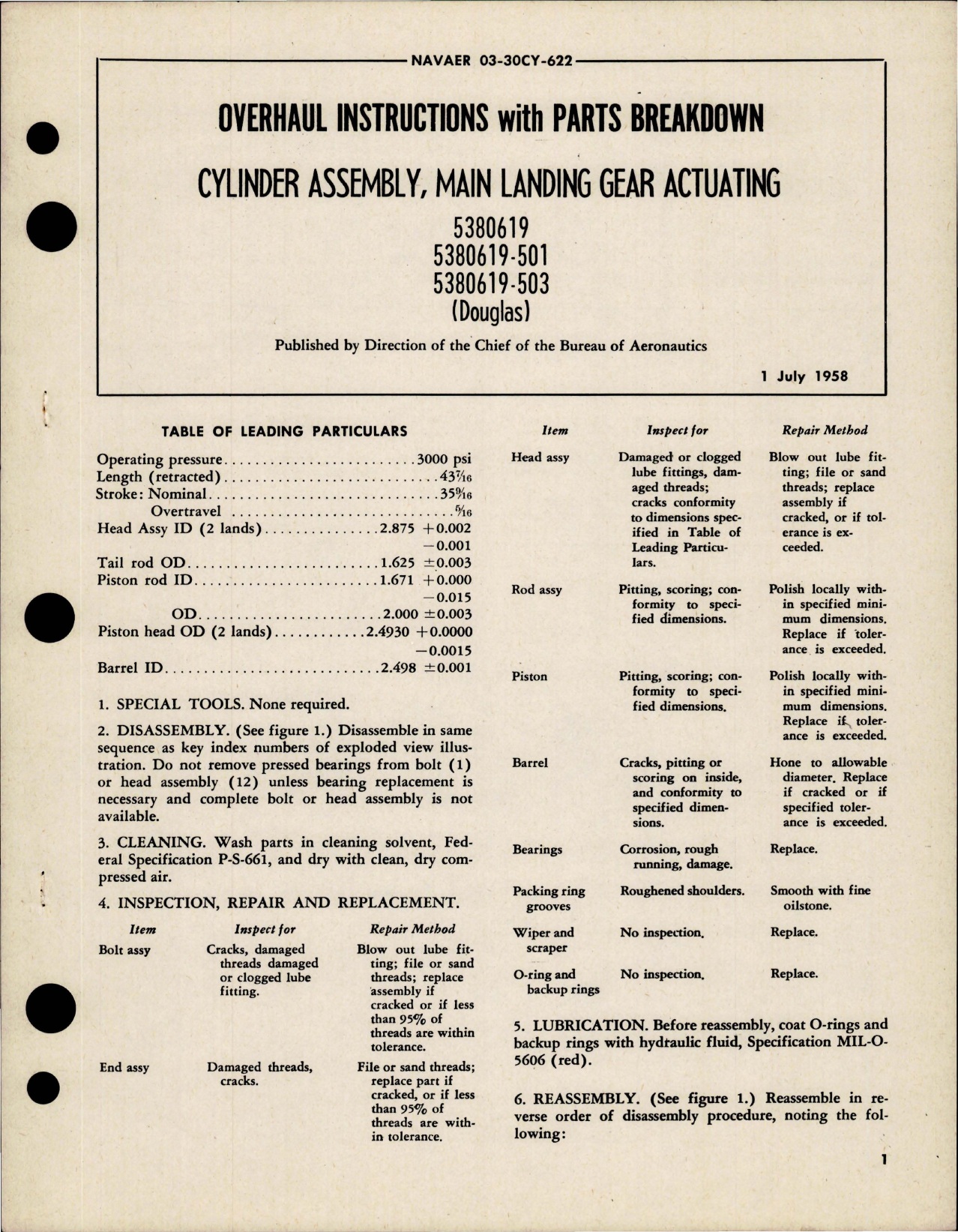 Sample page 1 from AirCorps Library document: Overhaul Instructions with Parts for Main Landing Gear Actuating Cylinder Assembly 