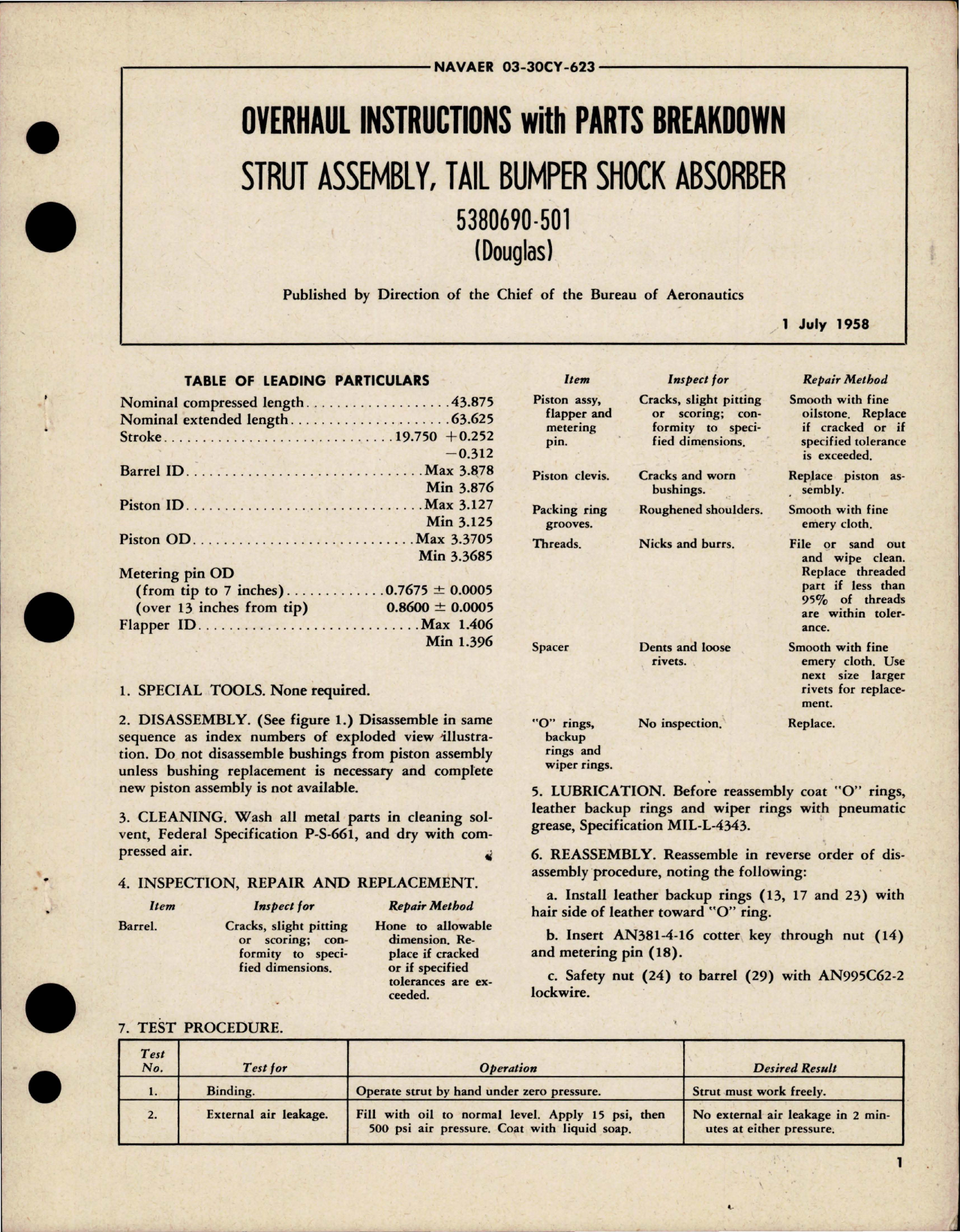 Sample page 1 from AirCorps Library document: Overhaul Instructions with Parts for Tail Bumper Shock Absorber Strut Assembly - 5380690-501