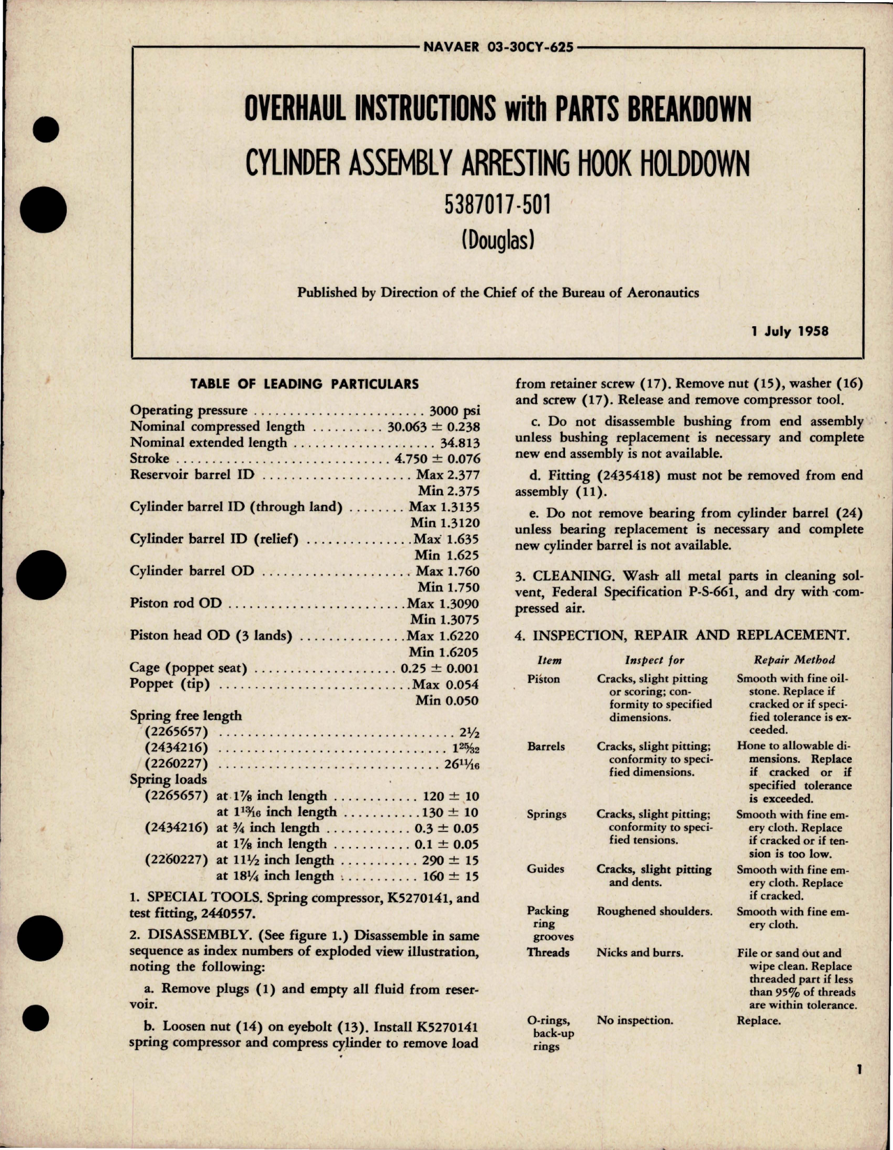 Sample page 1 from AirCorps Library document: Overhaul Instructions with Parts for Arresting Hook Holddown Cylinder Assembly - 5387017-501