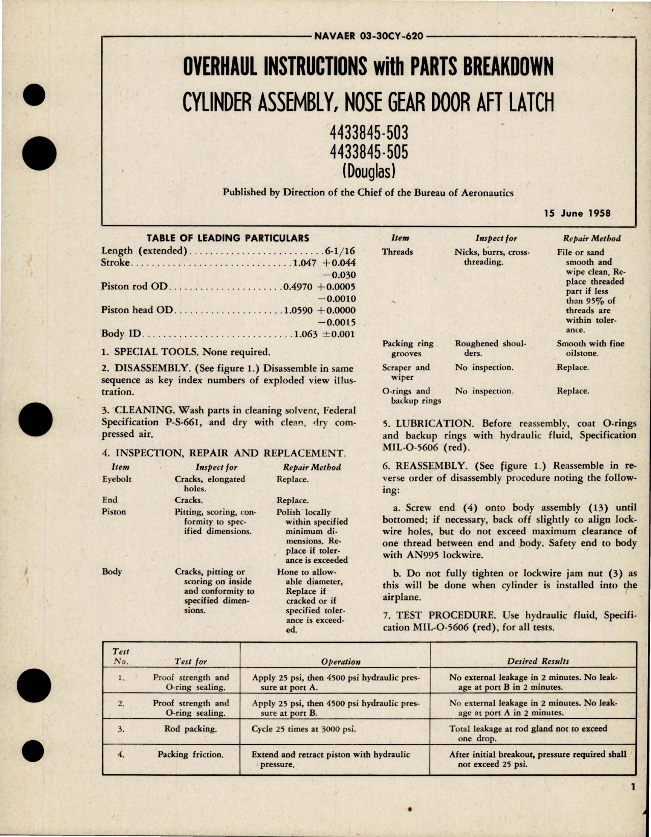 Sample page 1 from AirCorps Library document: Overhaul Instructions with Parts for Nose Gear Door Aft Latch Cylinder Assembly - 4433845-503, 4433845-505