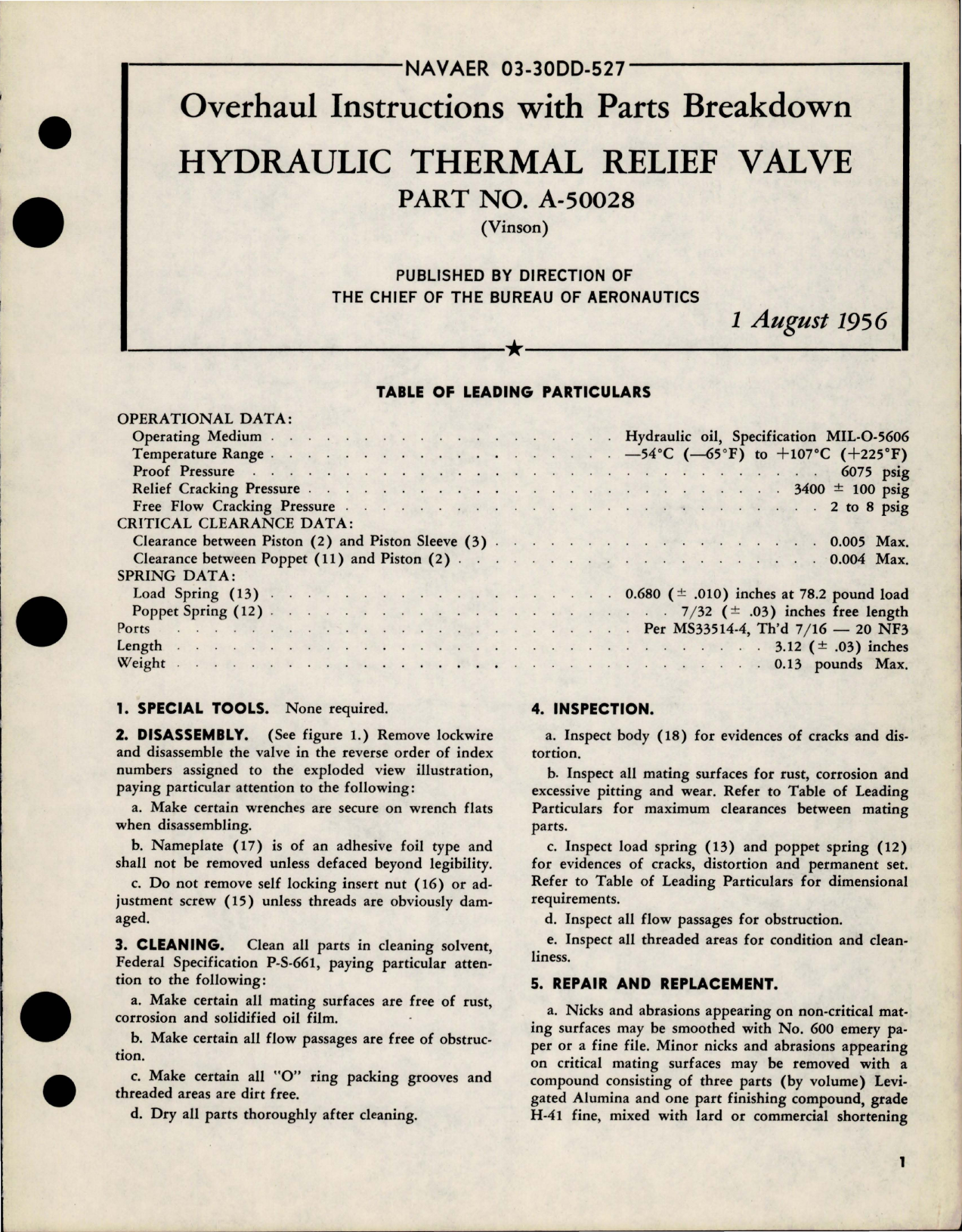 Sample page 1 from AirCorps Library document: Overhaul Instructions with Parts Breakdown for Hydraulic Thermal Relief Valve - Part A-50028 