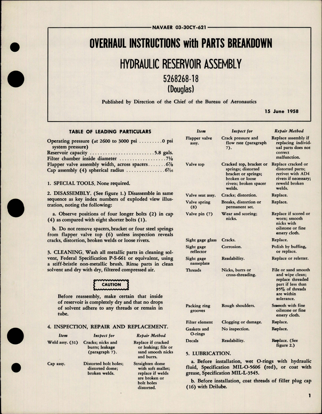 Sample page 1 from AirCorps Library document: Overhaul Instructions with Parts Breakdown for Hydraulic Reservoir Assembly - 5268268-18