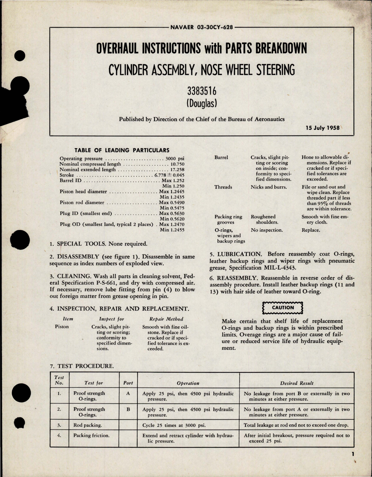 Sample page 1 from AirCorps Library document: Overhaul Instructions with Parts Breakdown for Nose Wheel Steering Cylinder Assembly - 3383516