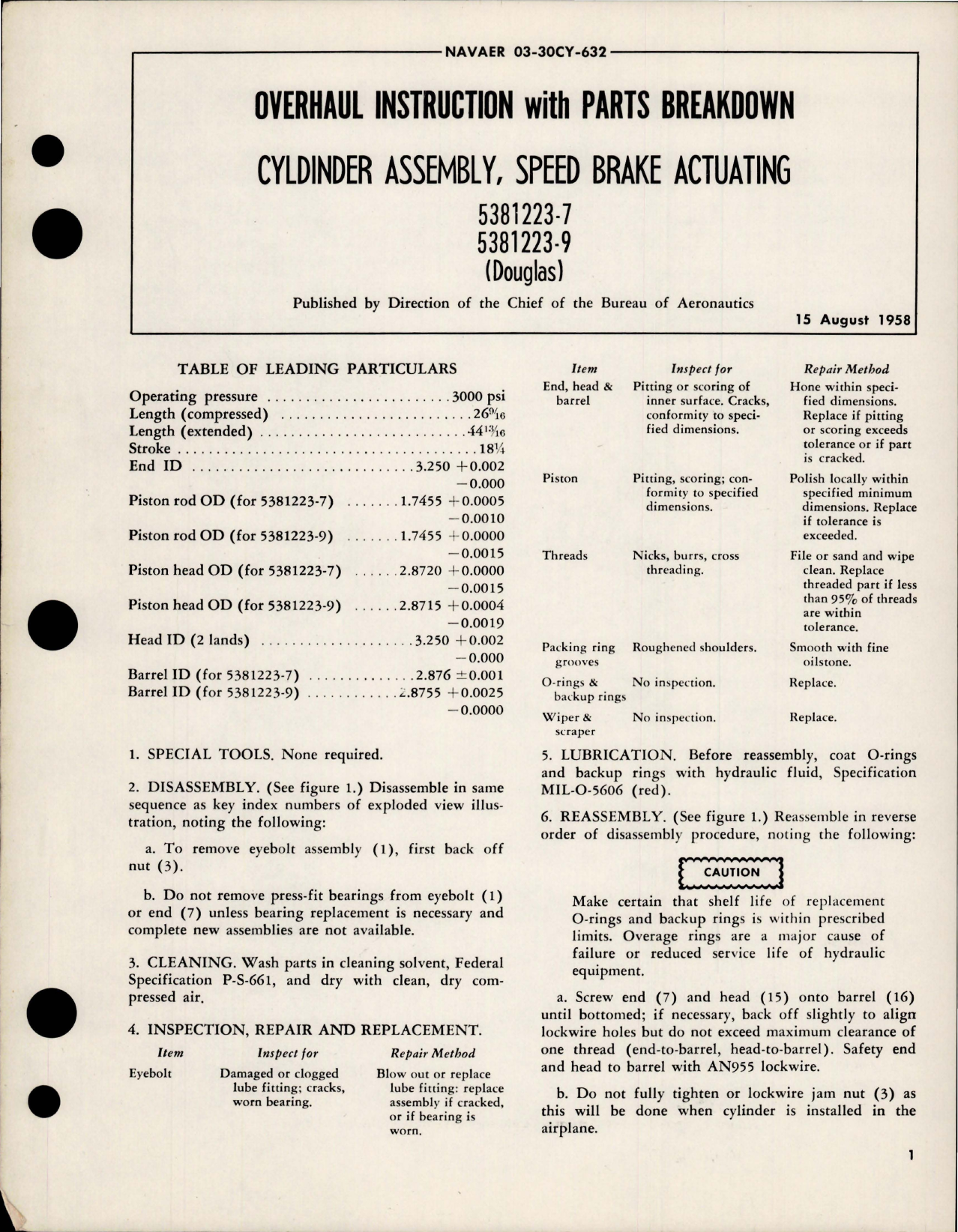 Sample page 1 from AirCorps Library document: Overhaul Instruction with Parts Breakdown for Speed Brake Actuating Cylinder Assembly - 5381223-7, 5381223-9