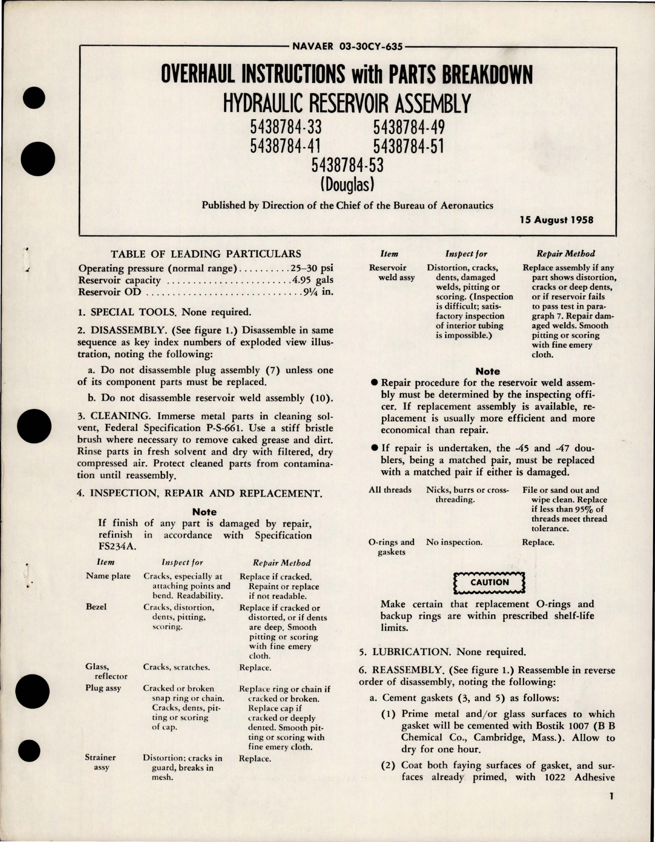 Sample page 1 from AirCorps Library document: Overhaul Instructions with Parts for Hydraulic Reservoir Assembly