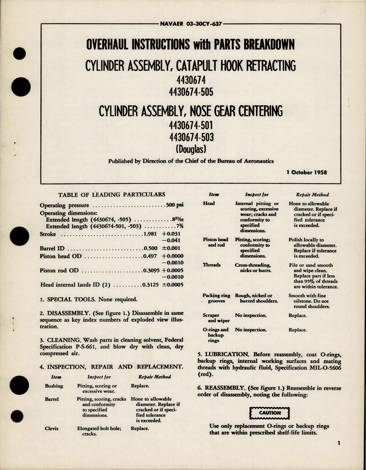 Sample page 1 from AirCorps Library document: Overhaul Instructions with Parts for Catapult Hook Retracting Cylinder Assembly and Nose Gear Centering Cylinder Assembly