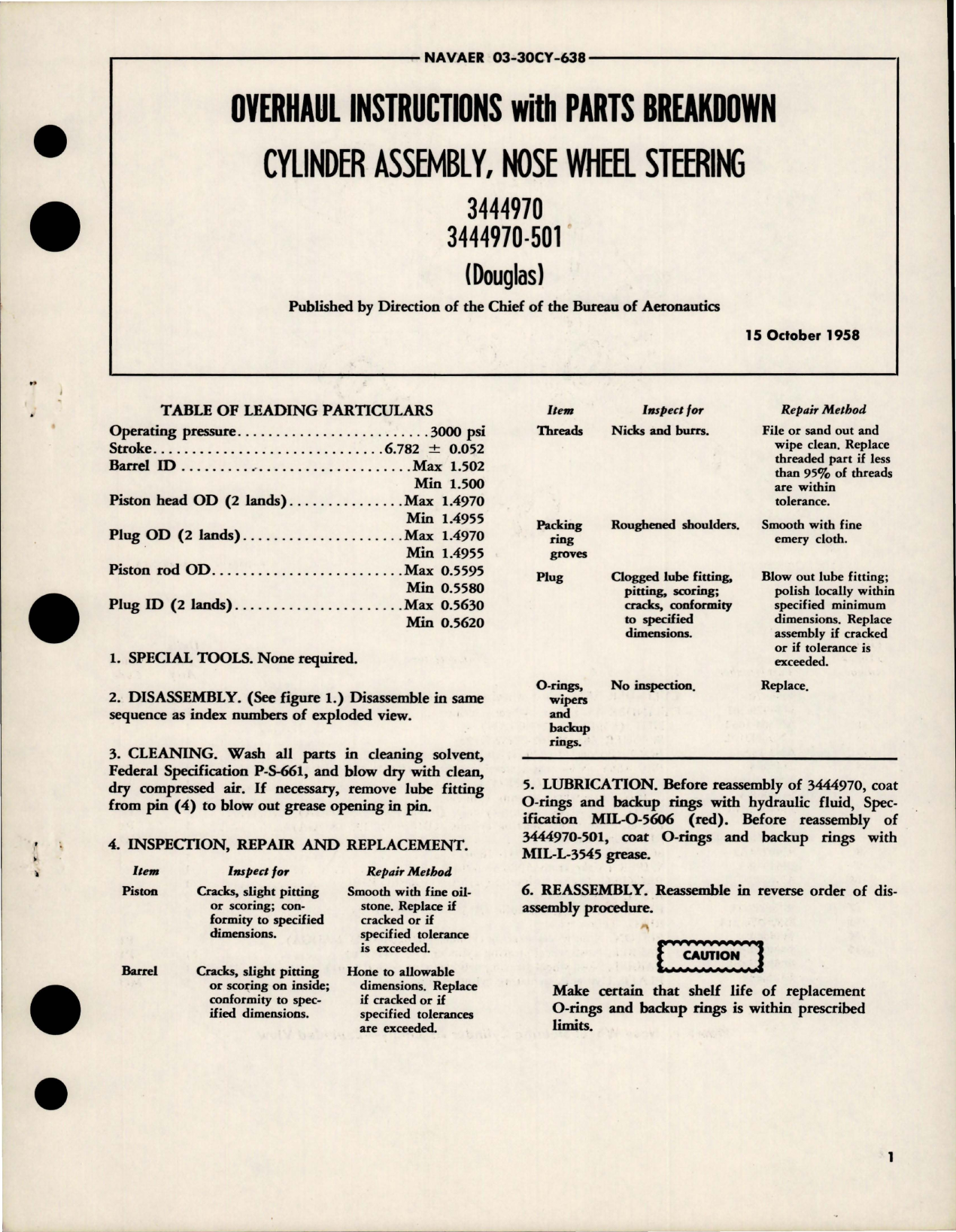 Sample page 1 from AirCorps Library document: Overhaul Instructions with Parts for Nose Wheel Steering Cylinder Assembly - 3444970 and 344970-501