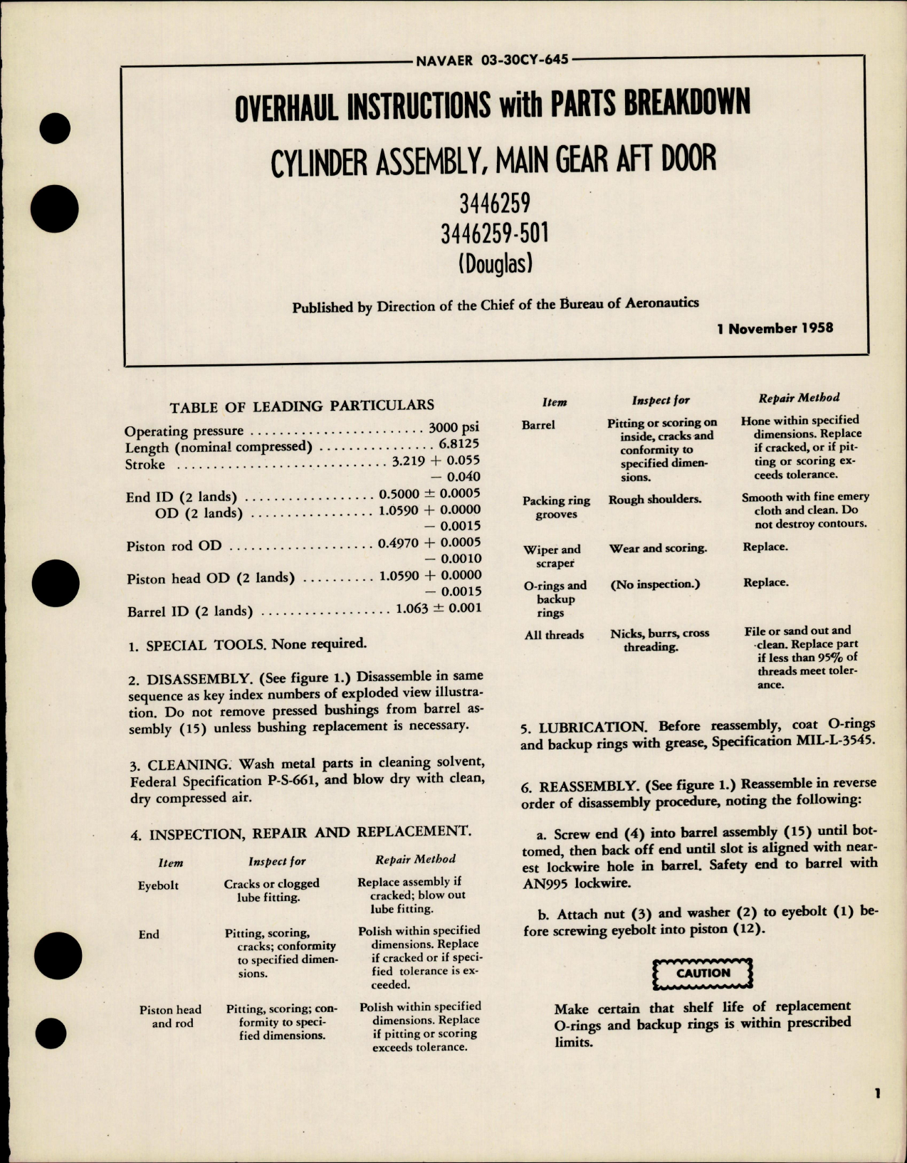 Sample page 1 from AirCorps Library document: Overhaul Instructions with Parts for Main Gear Aft Door Cylinder Assembly - 3446259, 3446259-501