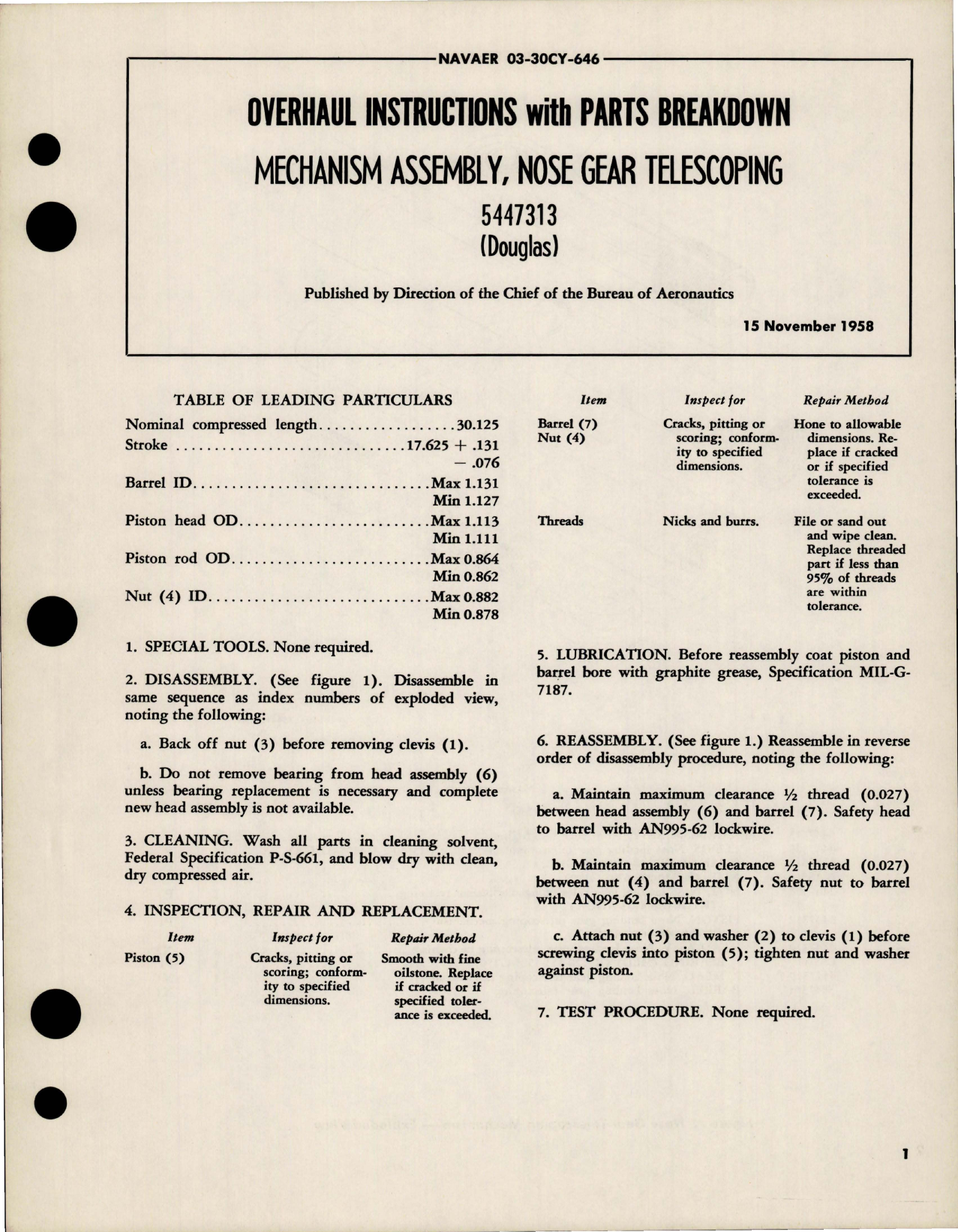 Sample page 1 from AirCorps Library document: Overhaul Instructions with Parts for Nose Gear Telescoping Mechanism Assembly - 5447313