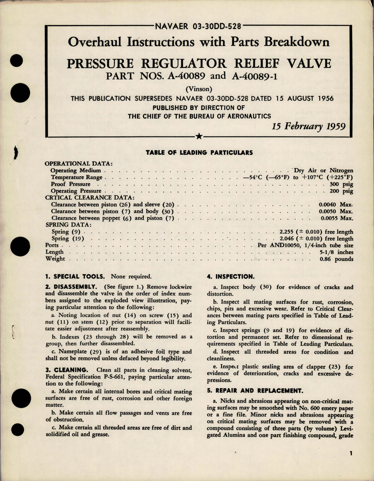 Sample page 1 from AirCorps Library document: Overhaul Instructions with Parts Breakdown for Pressure Regulator Relief Valve - Part A-40089 and A-40089-1