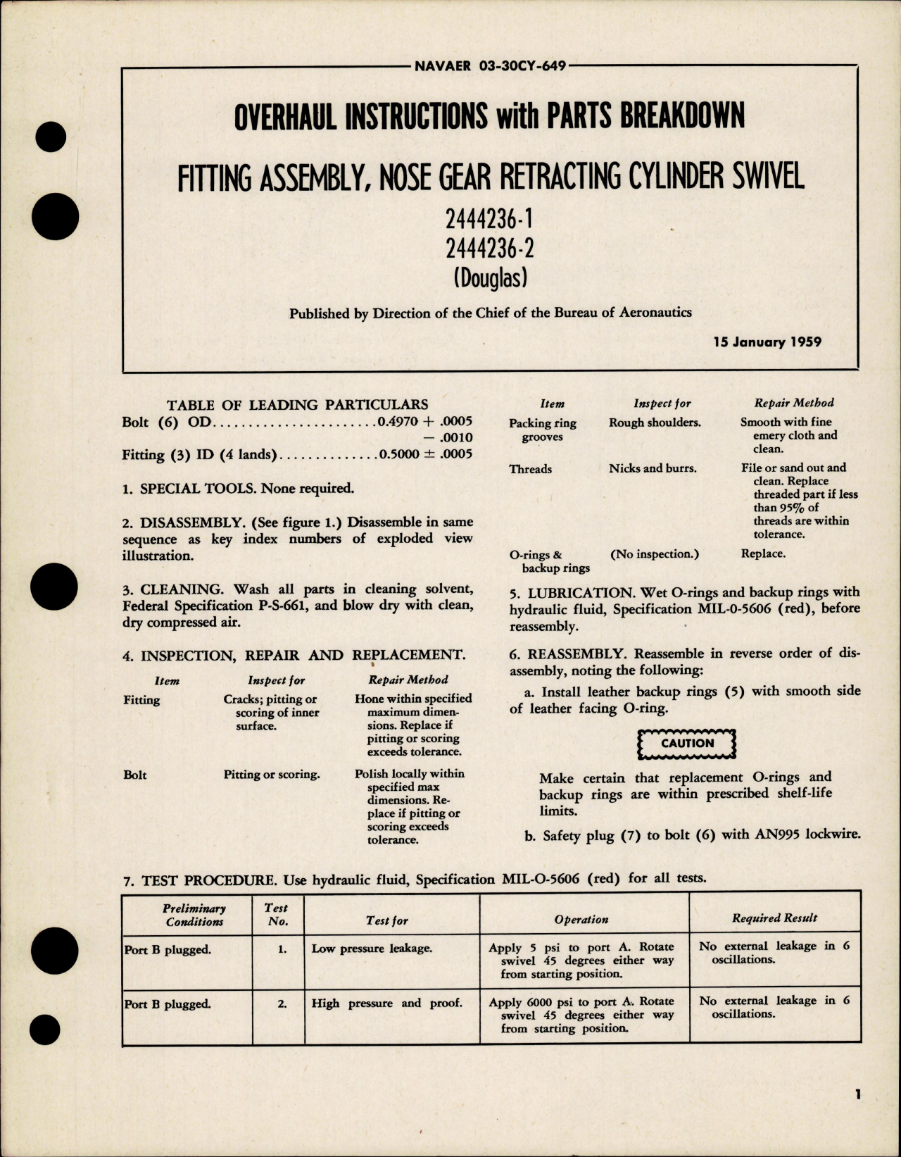 Sample page 1 from AirCorps Library document: Overhaul Instructions with Parts for Nose Gear Retracting Cylinder Swivel Fitting Assembly - 2444236-1 and 2444236-2