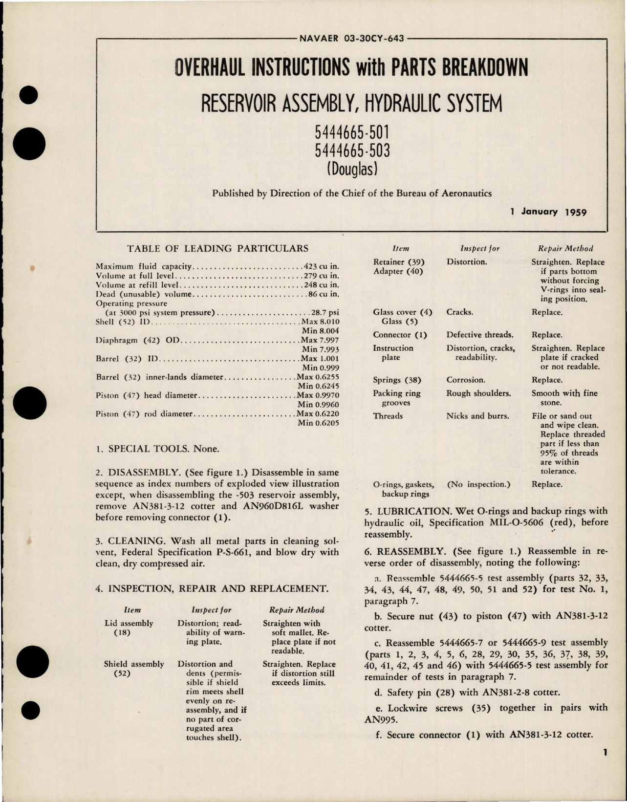 Sample page 1 from AirCorps Library document: Overhaul Instructions with Parts for Hydraulic System Reservoir Assembly - 544665-501, 544665-503