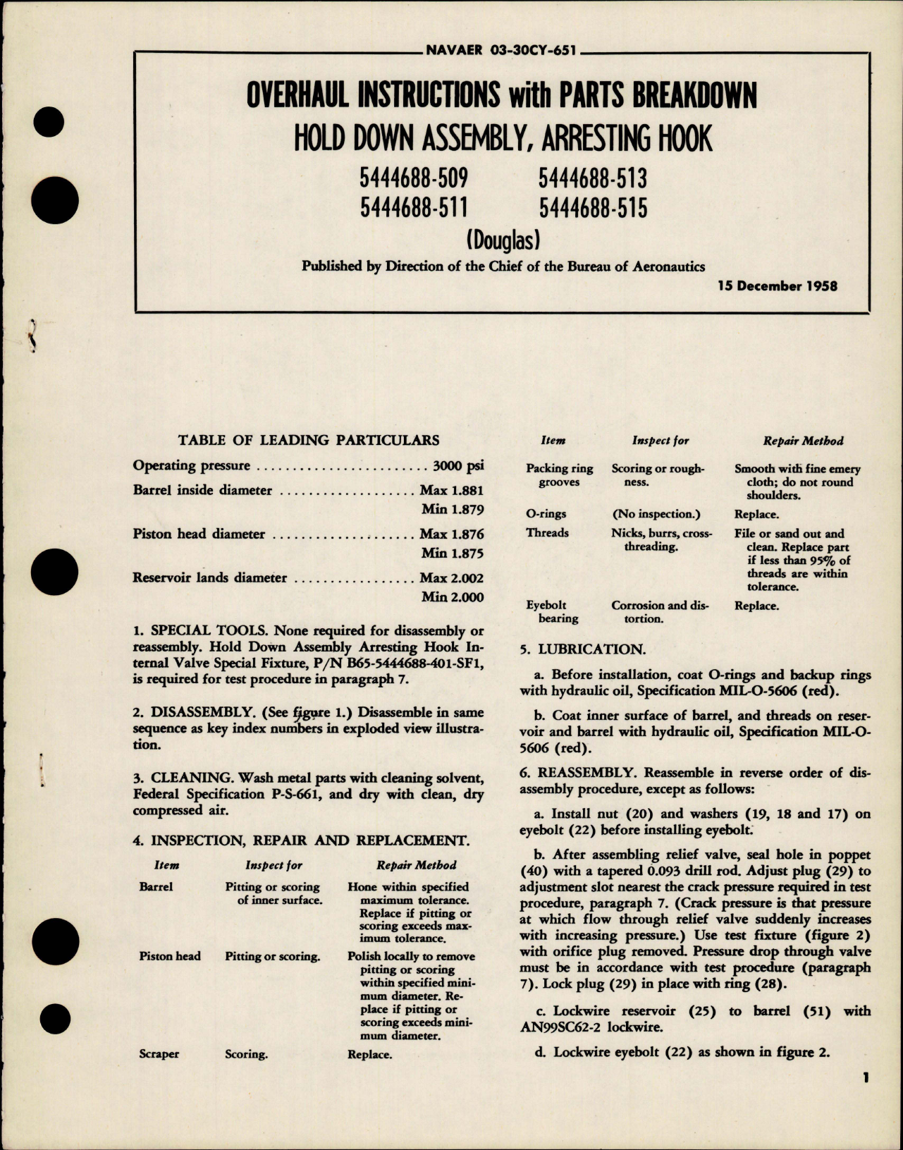 Sample page 1 from AirCorps Library document: Overhaul Instructions with Parts for Arresting Hook Hold Down Assembly