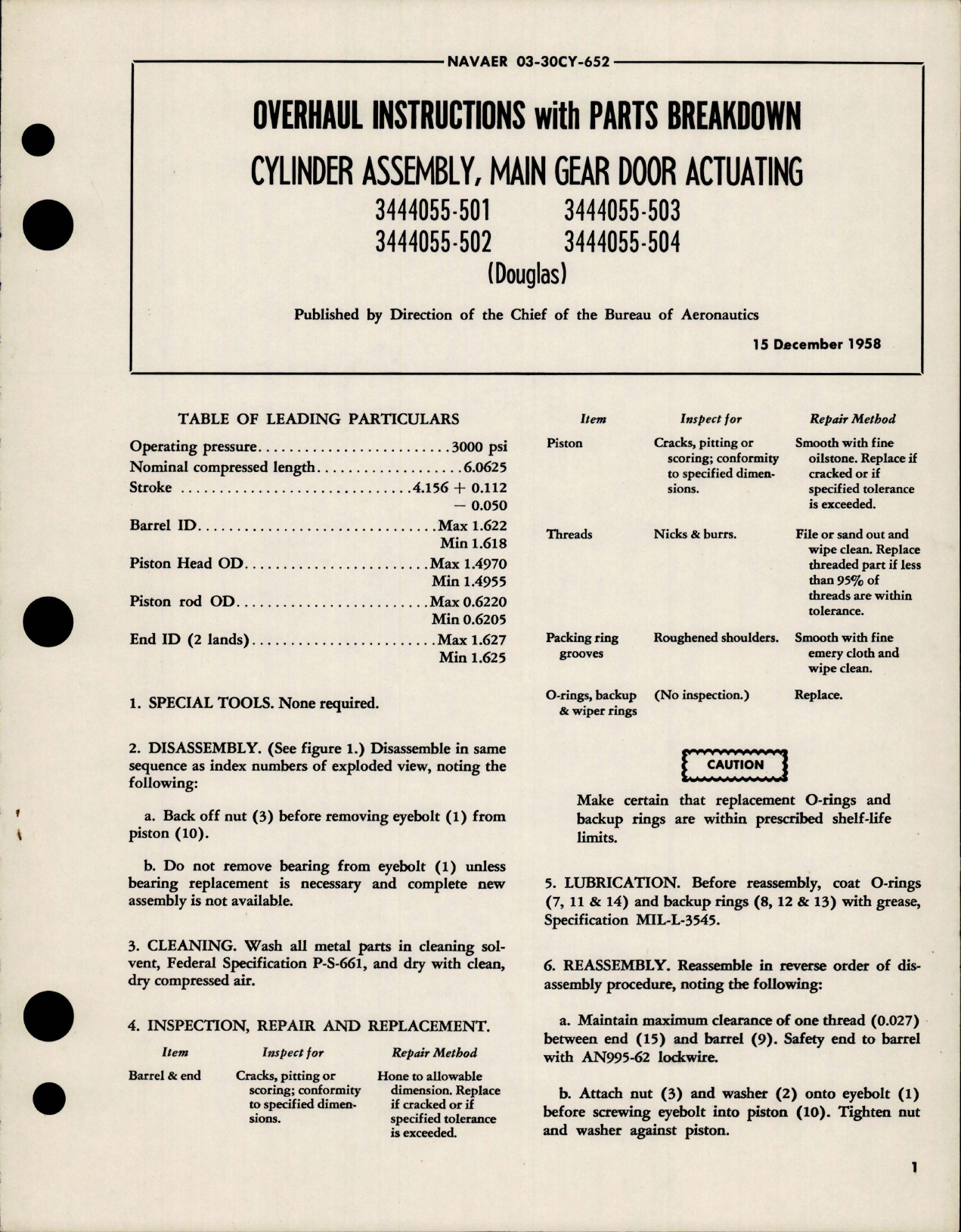 Sample page 1 from AirCorps Library document: Overhaul Instructions with Parts for Main Gear Door Actuating Cylinder Assembly