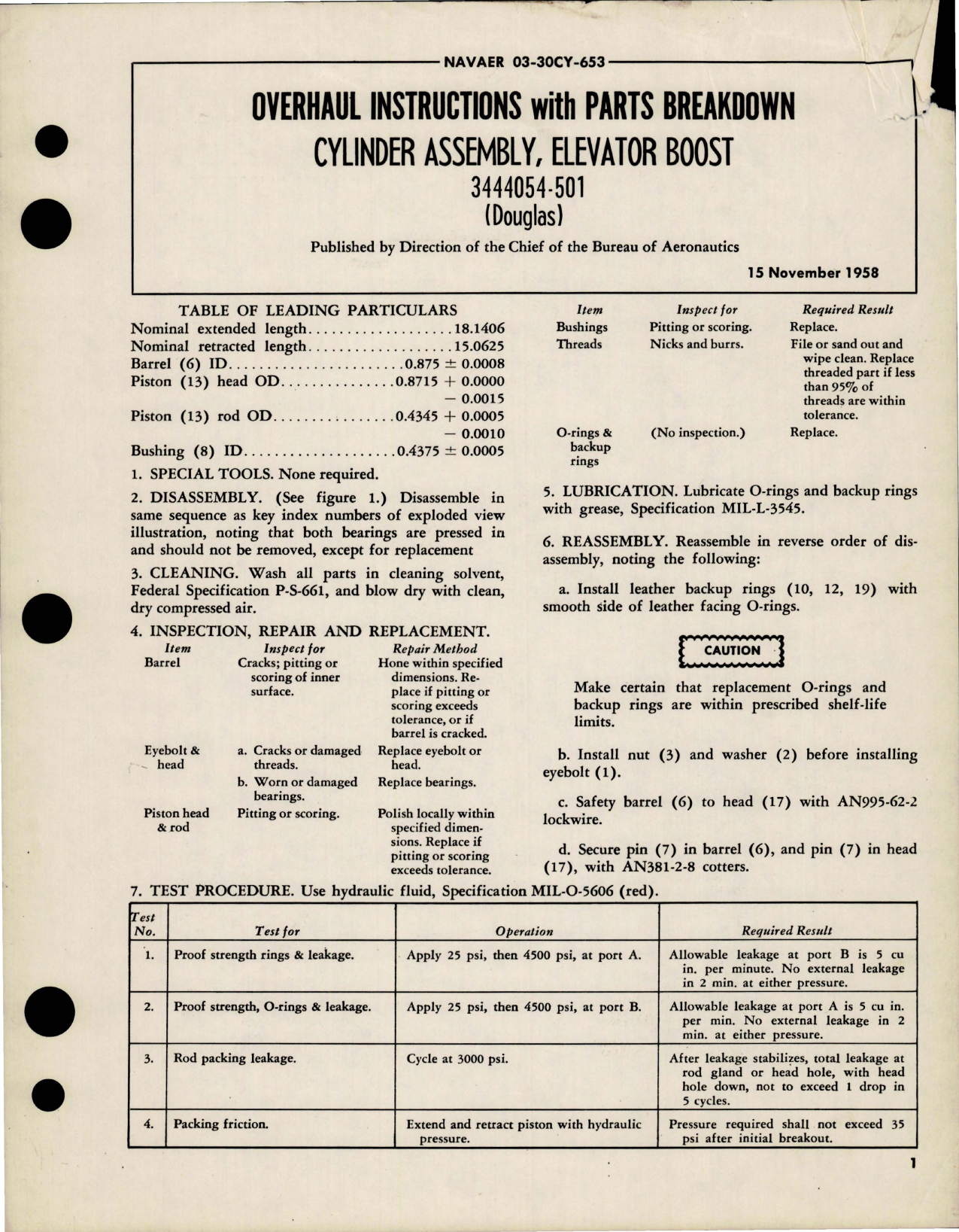 Sample page 1 from AirCorps Library document: Overhaul Instructions with Parts Breakdown for Elevator Boost Cylinder Assembly - 3444054-501