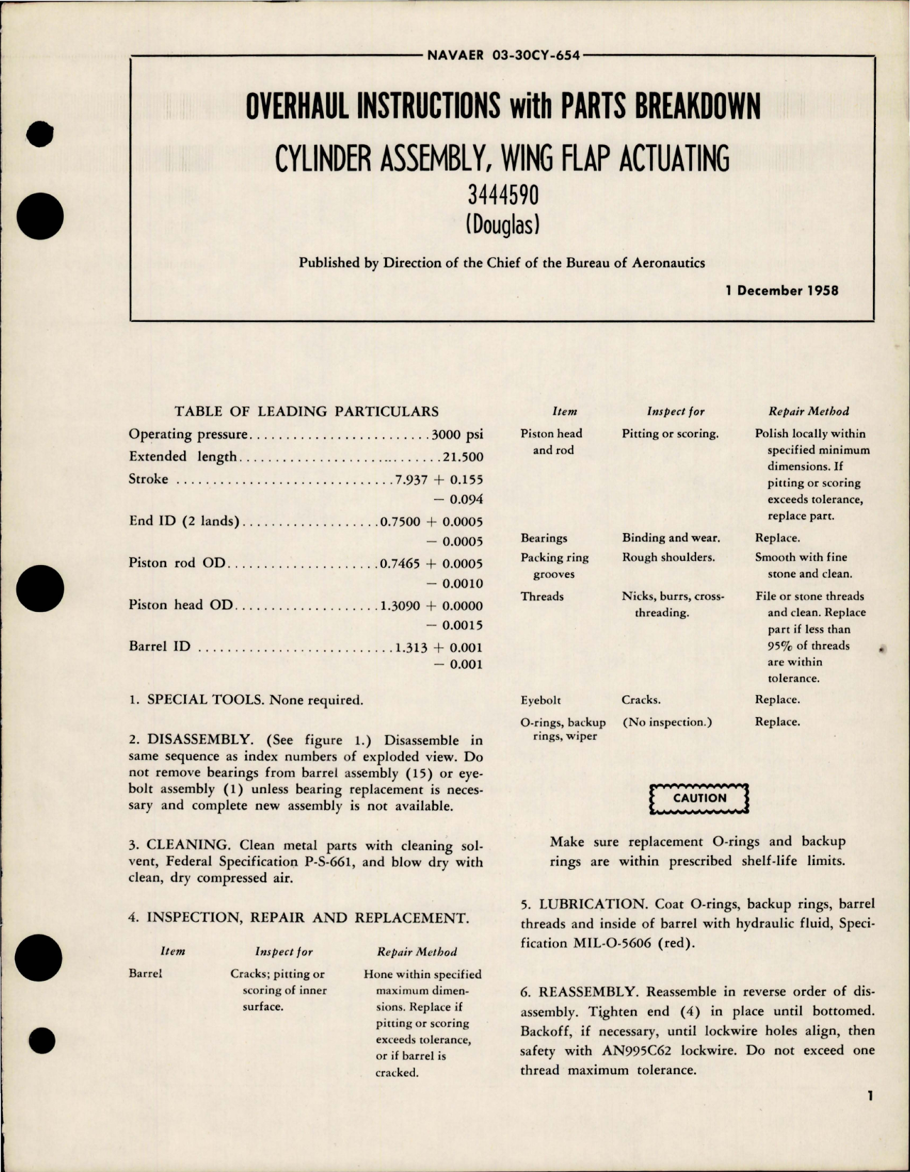 Sample page 1 from AirCorps Library document: Overhaul Instructions with Parts Breakdown for Wing Flap Actuating Cylinder Assembly - 3444590