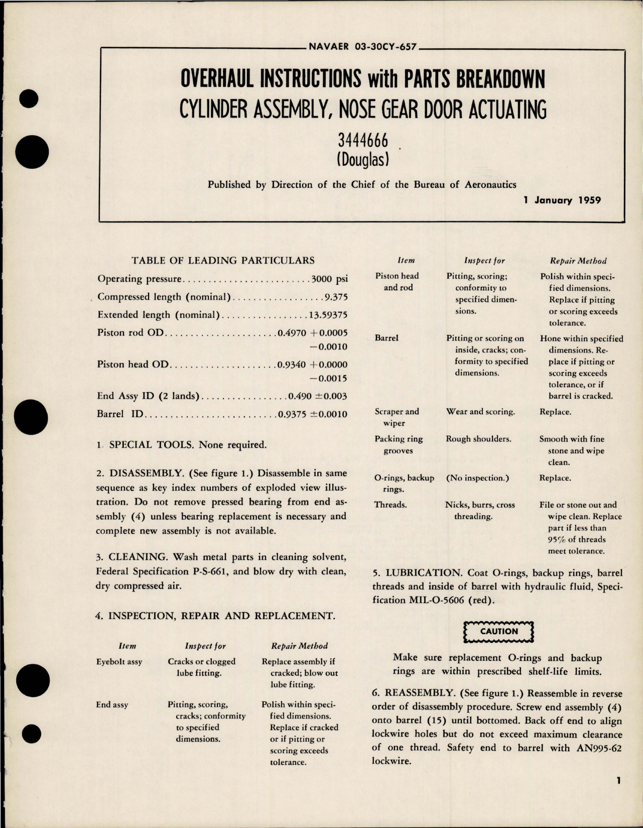 Sample page 1 from AirCorps Library document: Overhaul Instructions with Parts for Nose Gear Door Actuating Cylinder Assembly - 3444666
