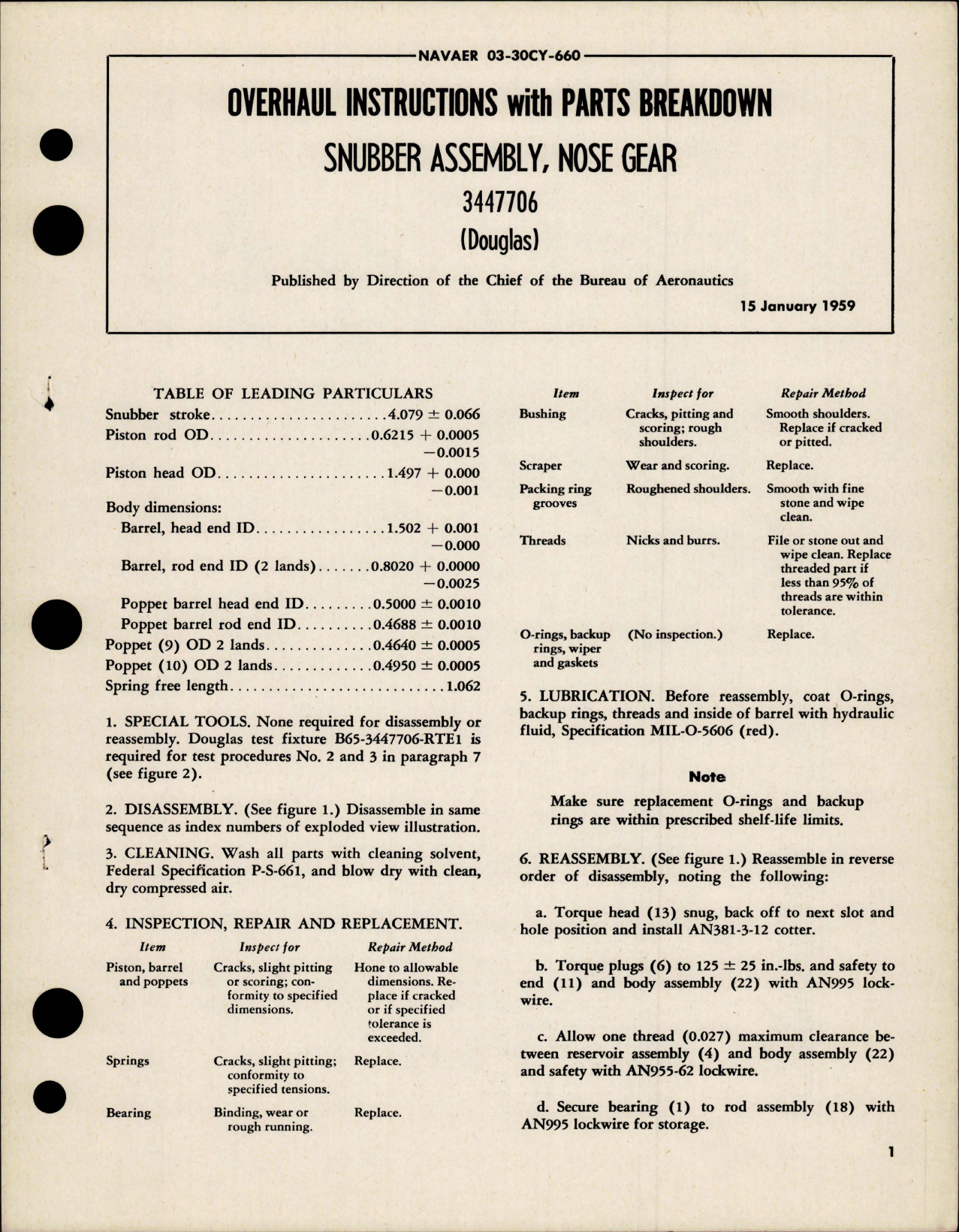 Sample page 1 from AirCorps Library document: Overhaul Instructions with Parts Breakdown for Nose Gear Snubber Assembly - 3447706