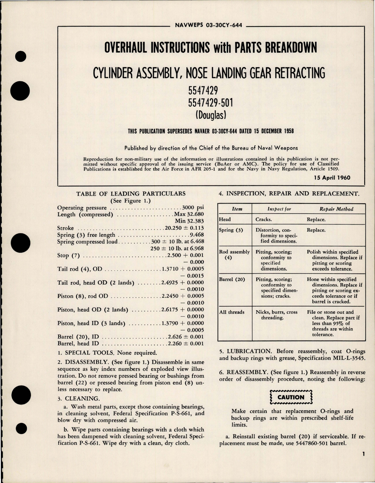 Sample page 1 from AirCorps Library document: Overhaul Instructions with Parts for Nose Landing Gear Retracting Cylinder Assembly - 5547429 and 5547429-501