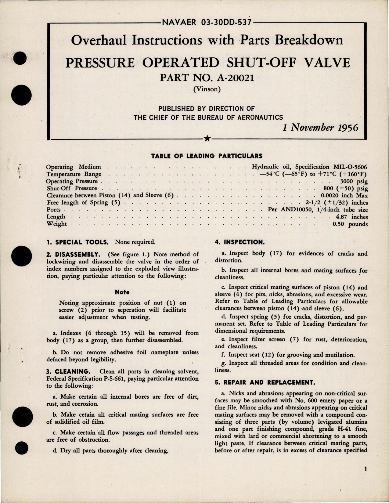 Sample page 1 from AirCorps Library document: Overhaul Instructions with Parts Breakdown for Pressure Operated Shut-Off Valve - Part A-20021
