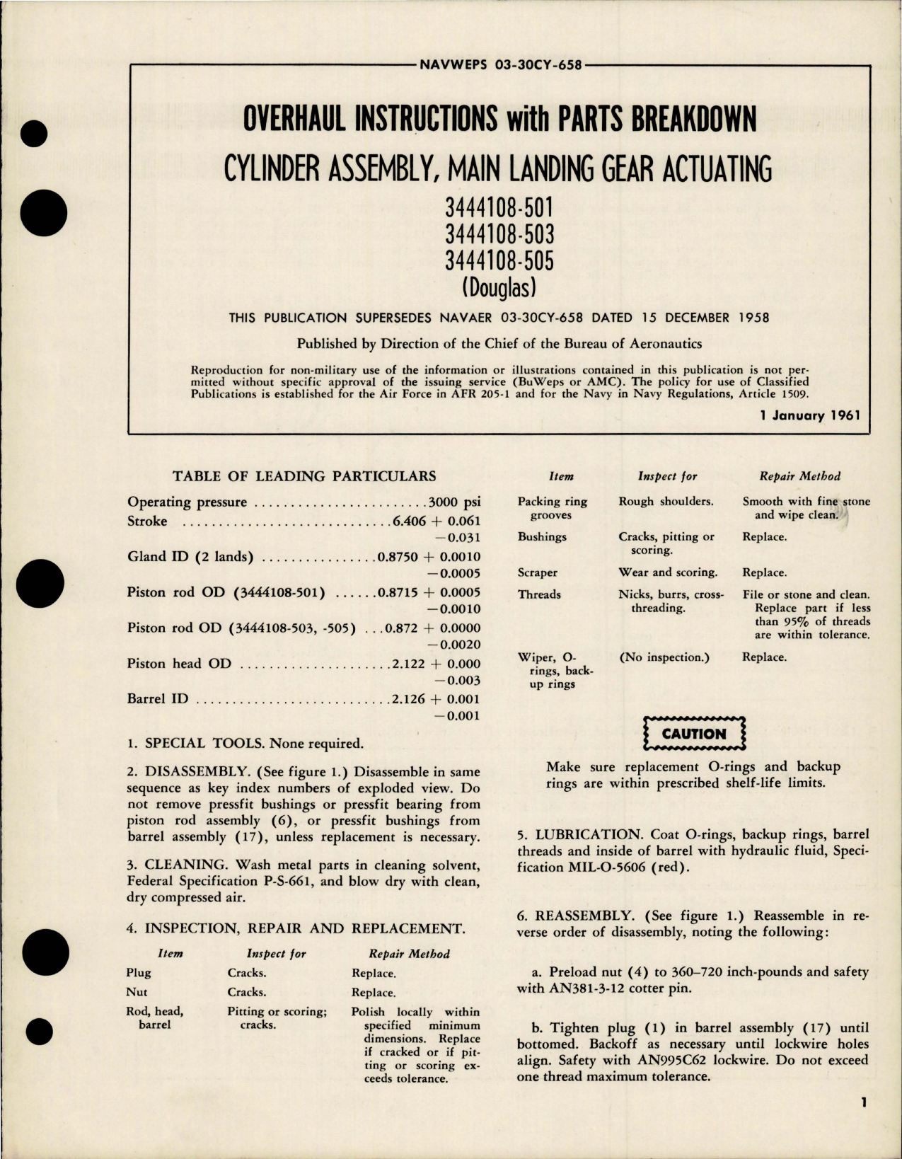 Sample page 1 from AirCorps Library document: Overhaul Instructions with Parts for Main Landing Gear Actuating Cylinder Assembly