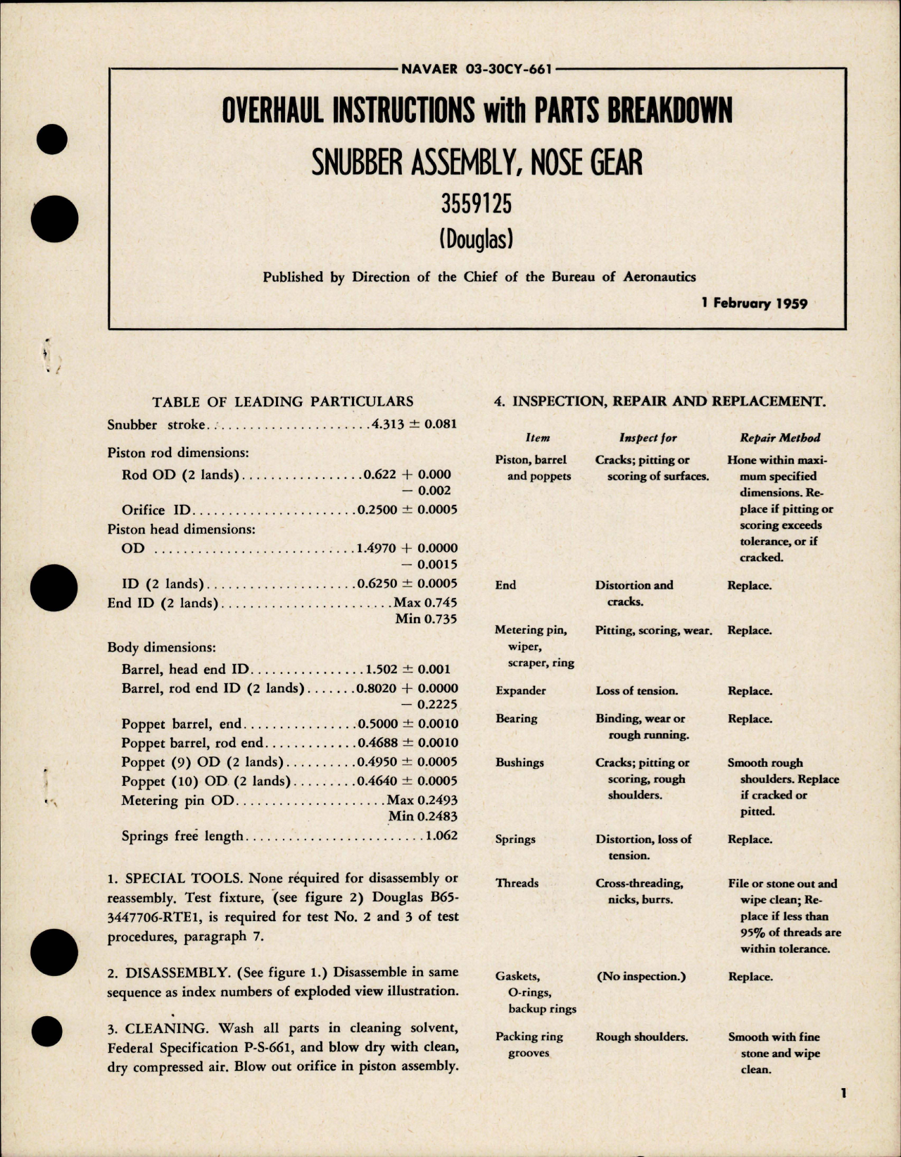 Sample page 1 from AirCorps Library document: Overhaul Instructions with Parts Breakdown for Nose Gear Snubber Assembly - 3559125