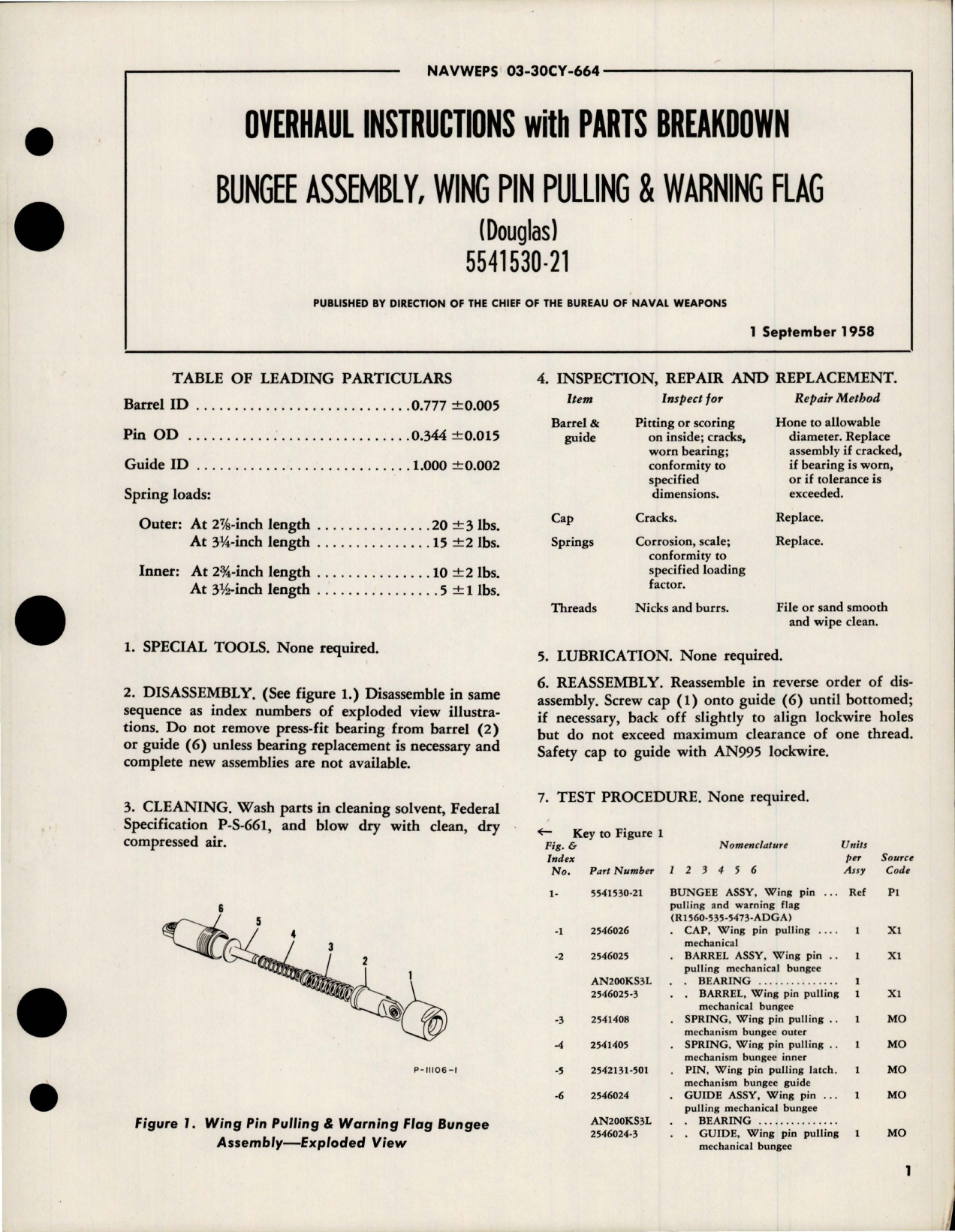 Sample page 1 from AirCorps Library document: Overhaul Instructions with Parts for Wing Pin Pulling and Warning Flag Bungee Assembly - 5541530-21