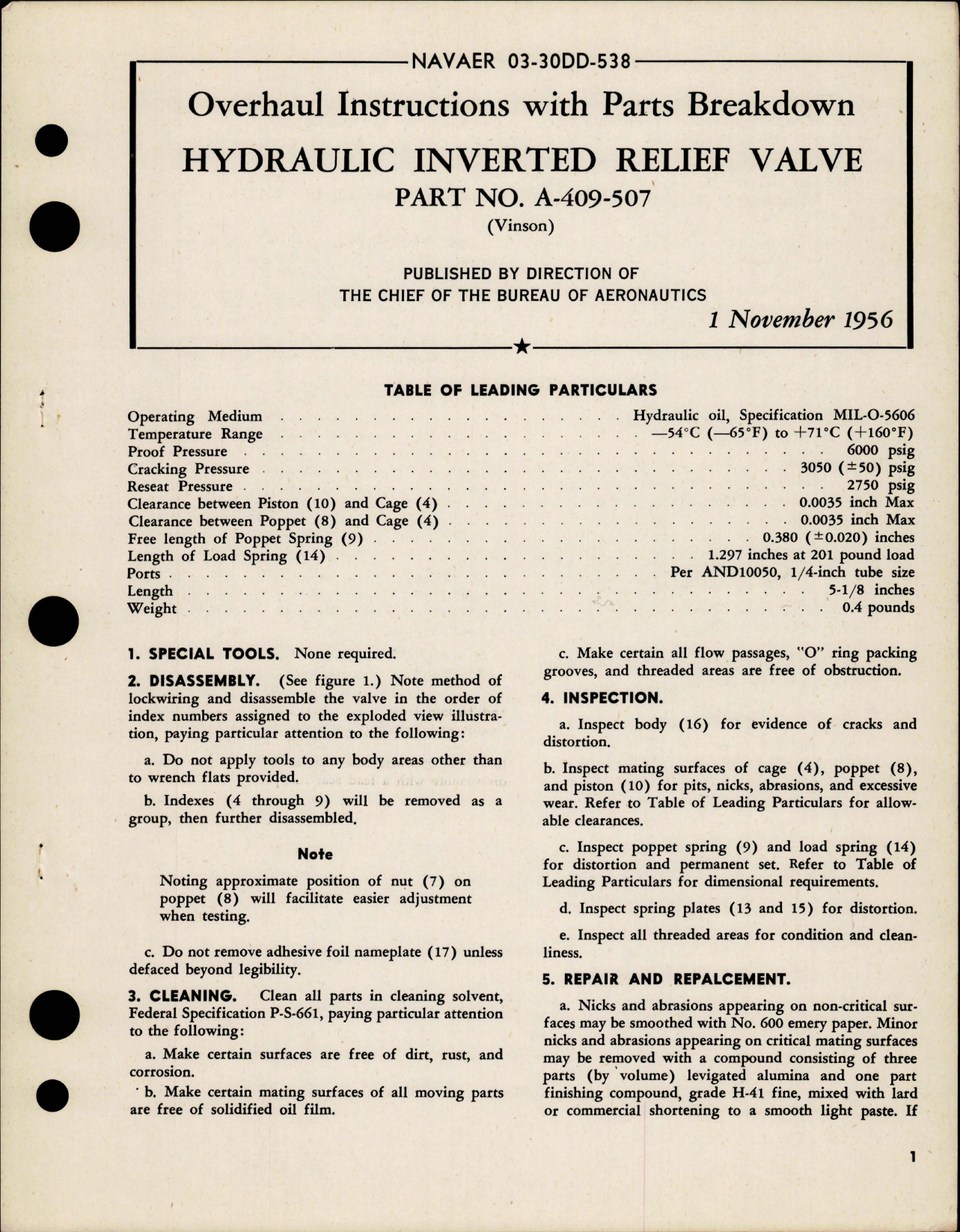 Sample page 1 from AirCorps Library document: Overhaul Instructions with Parts Breakdown for Hydraulic Inverted Relief Valve - Part A-409-507