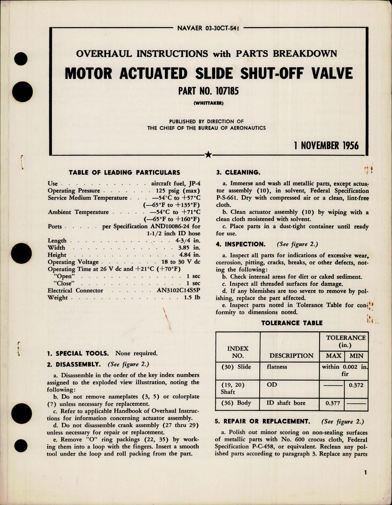 Sample page 1 from AirCorps Library document: Overhaul Instructions with Parts for Motor Actuated Slide Shut-Off Valve - Part 107185 