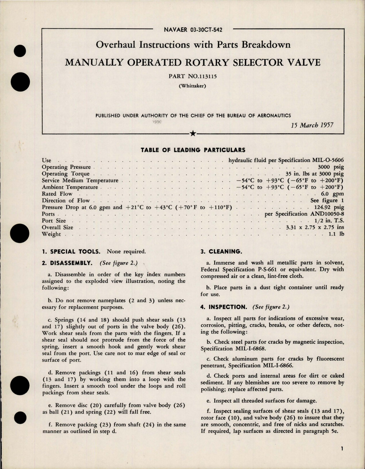 Sample page 1 from AirCorps Library document: Overhaul Instructions with Parts for Manually Operated Rotary Selector Valve - 113115