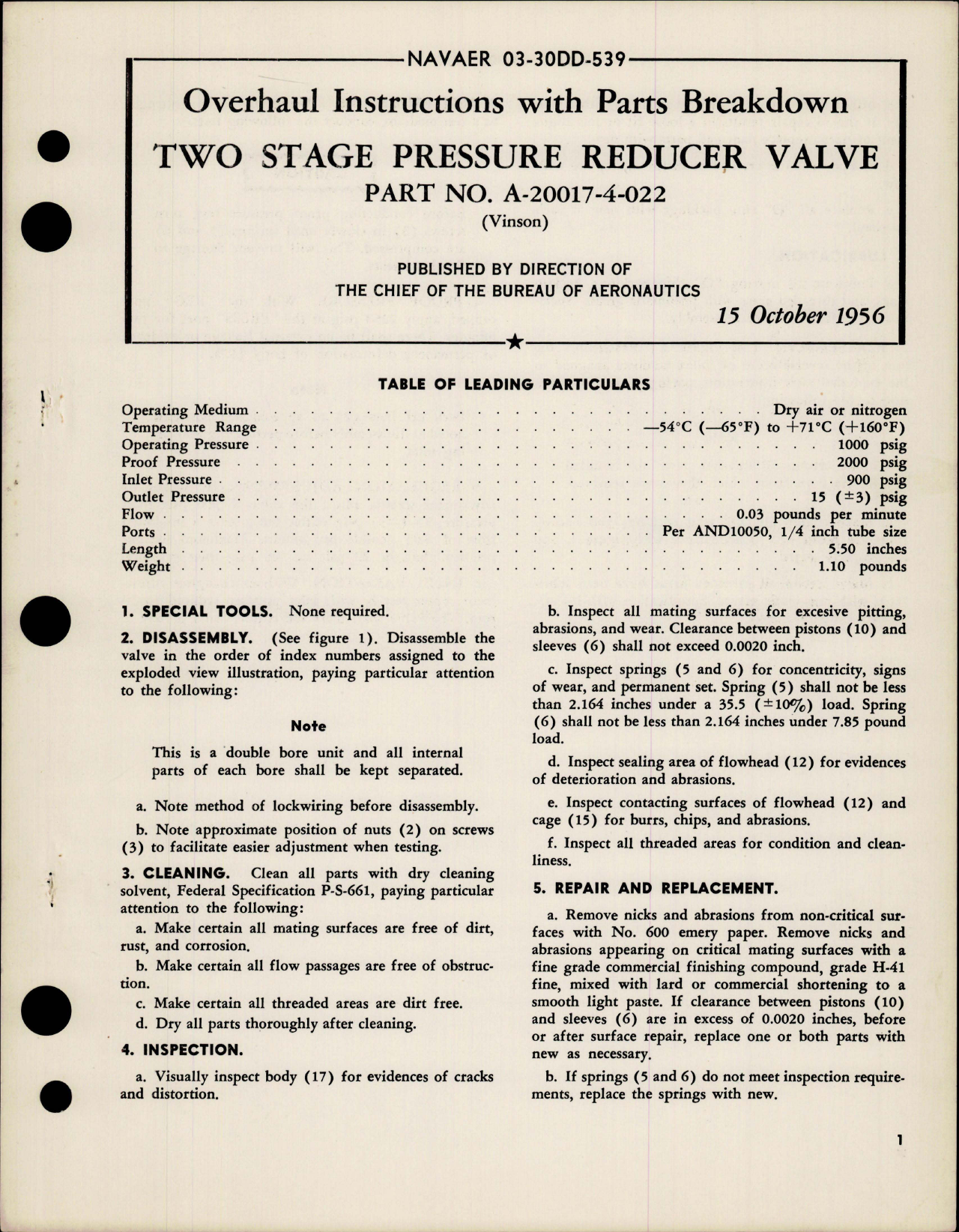 Sample page 1 from AirCorps Library document: Overhaul Instructions with Parts Breakdown for Two Stage Pressure Reducer Valve - Part A-20017-4-022