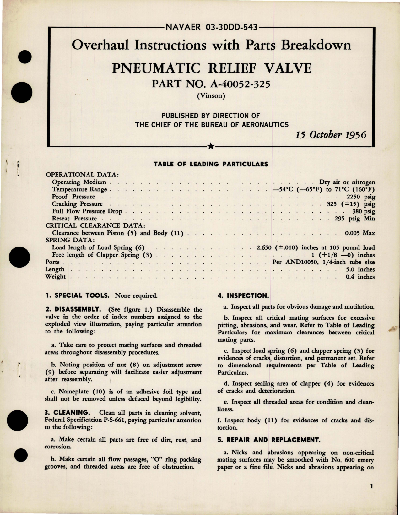 Sample page 1 from AirCorps Library document: Overhaul Instructions with Parts Breakdown for Pneumatic Relief Valve - Part A-40052-325