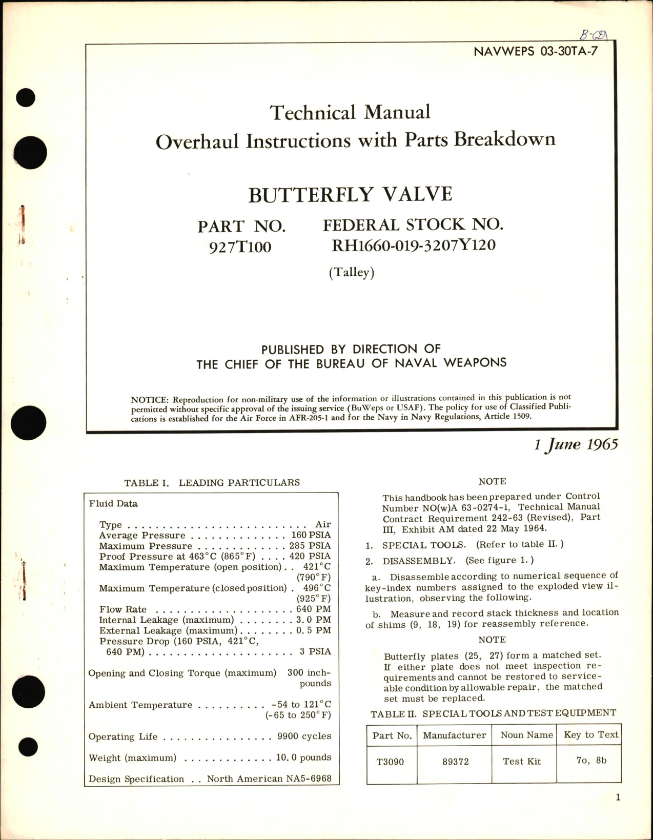 Sample page 1 from AirCorps Library document: Overhaul Instructions with Parts Breakdown for Butterfly Valve Part 927T100