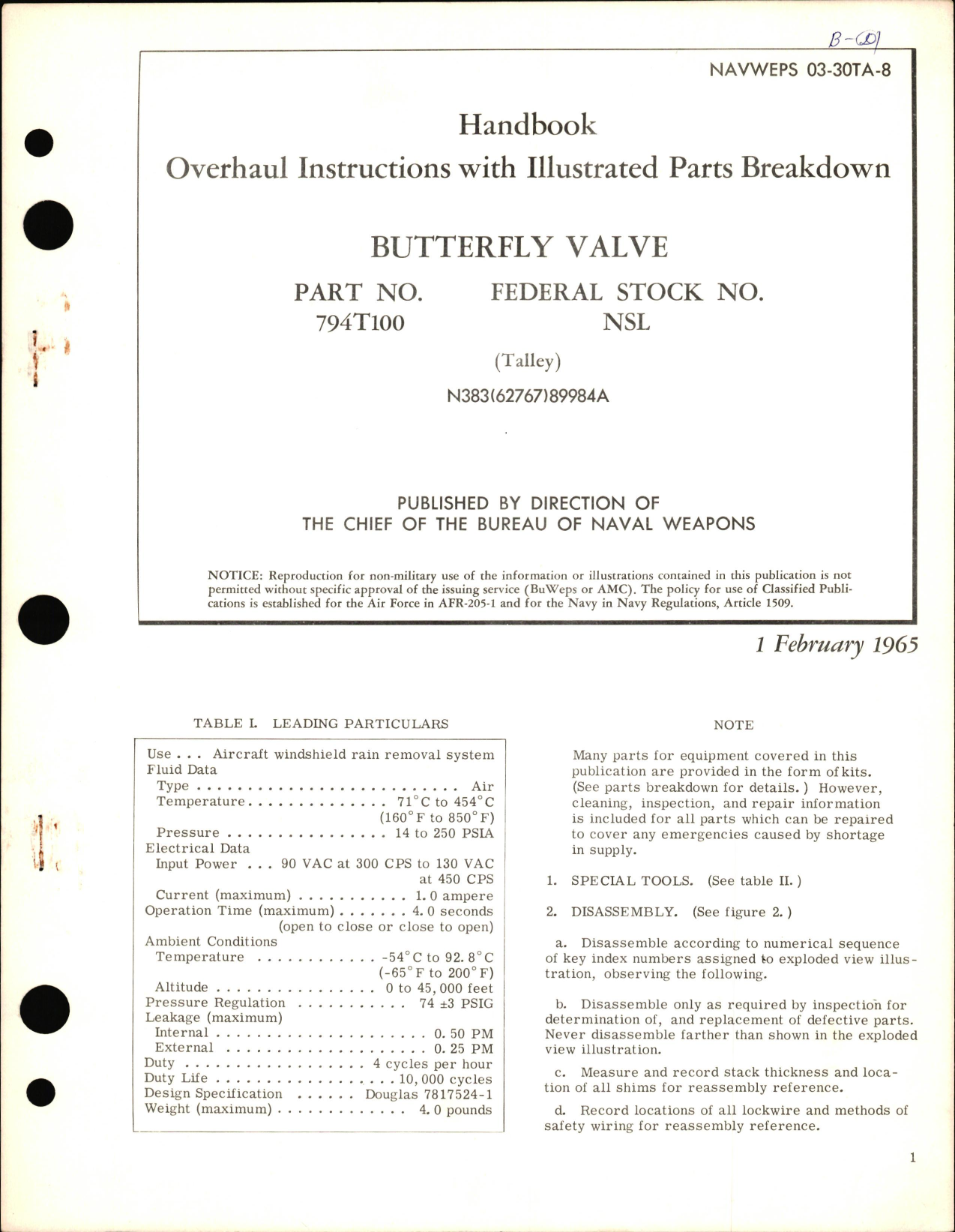 Sample page 1 from AirCorps Library document: Overhaul Instructions with Parts Breakdown for Butterfly Valve Part No. 794T100